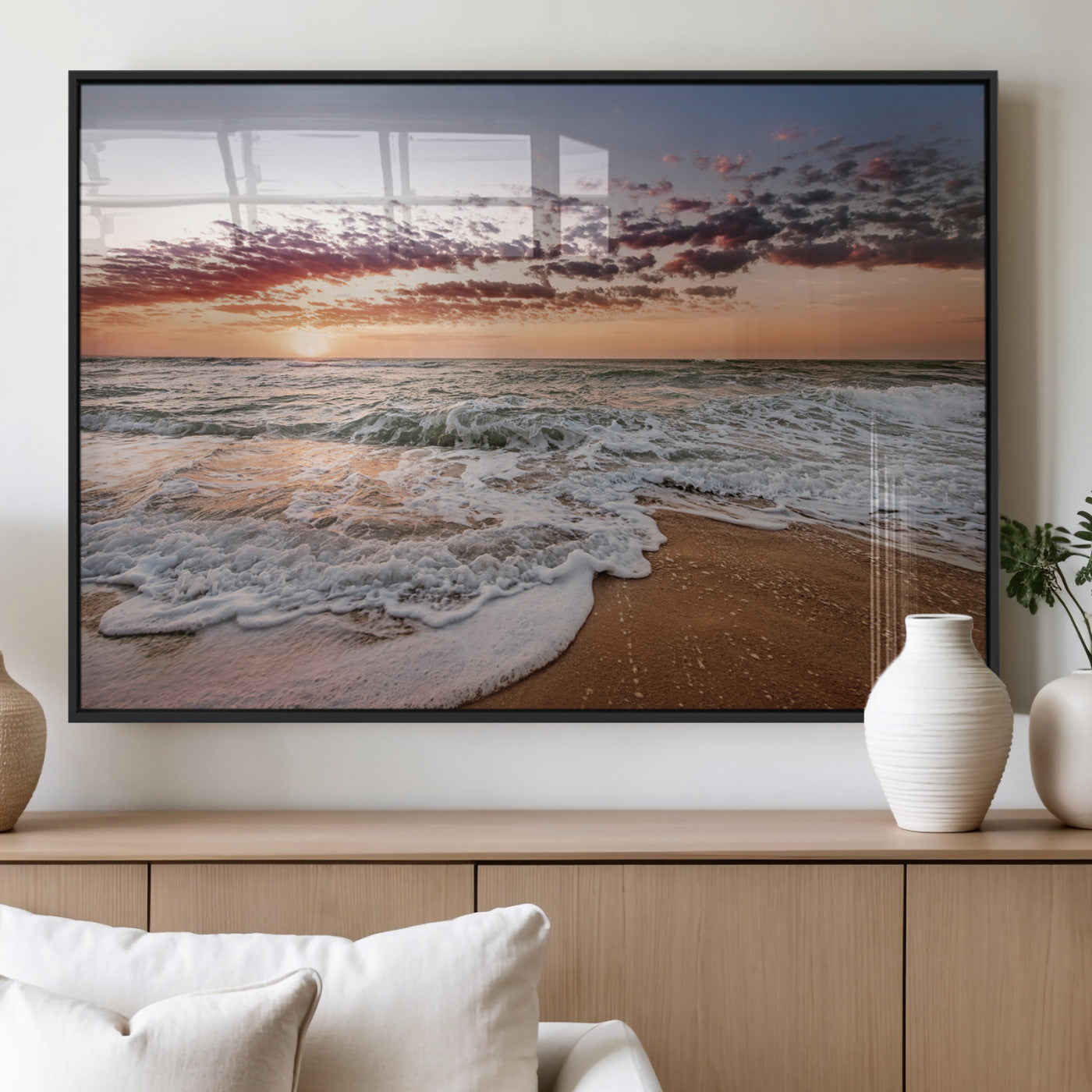 39846389-MGV-FP-36X24-3P_Black-Ocean Sunset Wall Art Canvas Print – Framed Sandy Shore Gentle Waves Coastal Landscape Minimalist Artwork for Home, Office