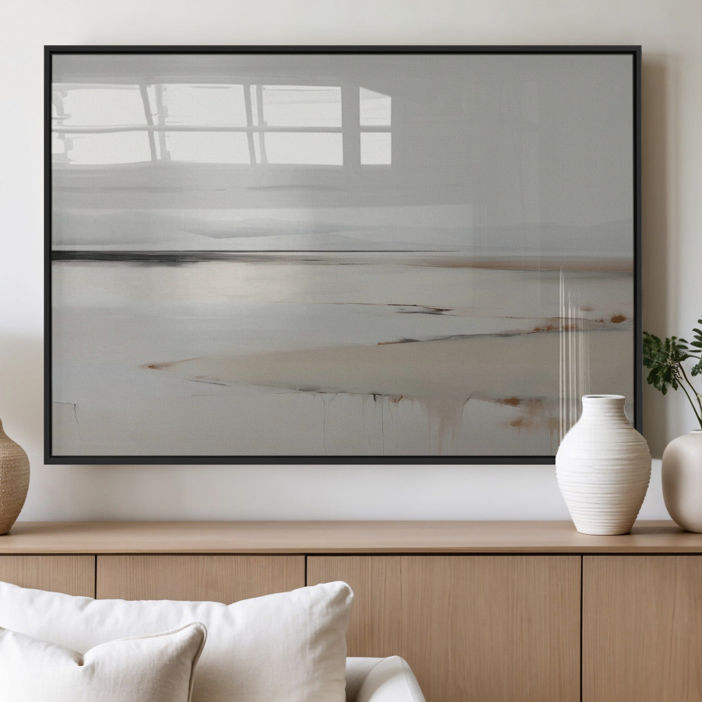 89410095-MGV-FP-36X24-3P_Black-Minimalist Landscape Wall Art Canvas Print – Framed Soft Horizon Abstract Seascape Earthy Tones Artwork for Home Office