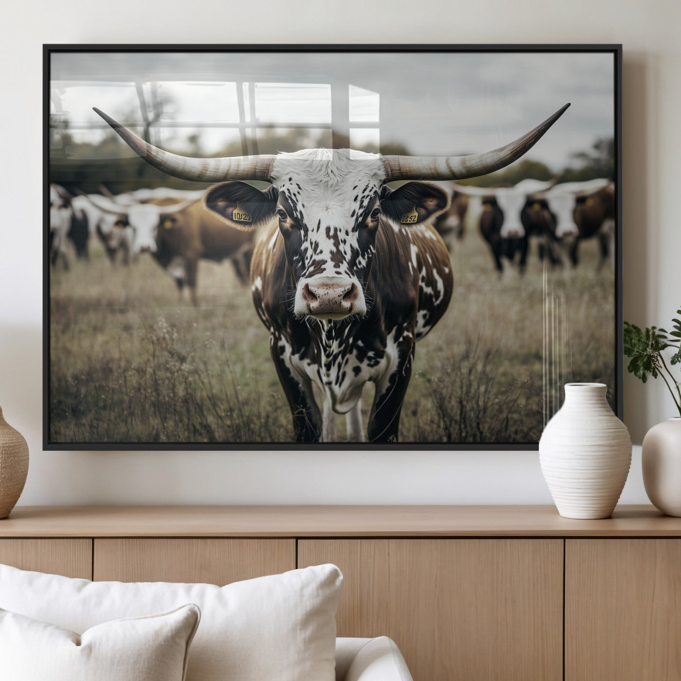 MGV-FP-36X24-3P - Majestic Longhorn Cow Wall Art – Canvas Print of Intricate Fur & Sharp Horns Earthy Tones Serene Landscape, Rustic Charm Decor for Living Room, Office or Bedroom