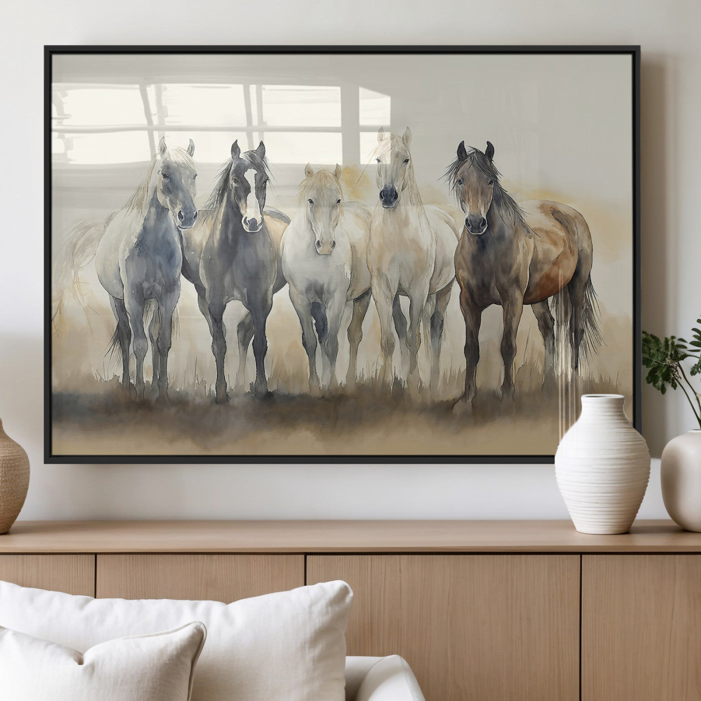 MGV-FP-36X24-3P - Wild Horses Wall Art Canvas Print, Framed Running Horses Art Picture Print, Watercolor Horses Perfect Rustic Western Decor Artwork