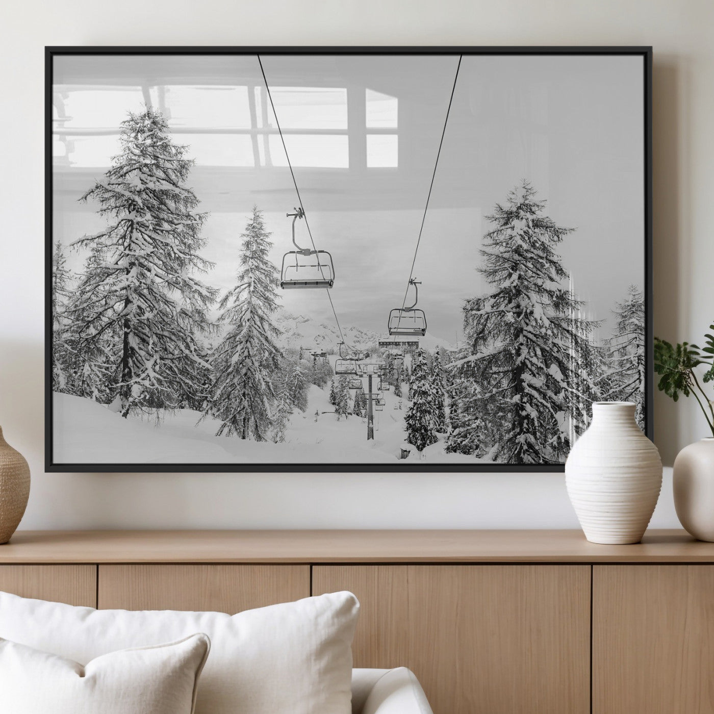 55003599-MGV-FP-36X24-3P_Black-Ski Lift Wall Art – Framed Snowy Mountain Canvas Artwork, Winter Forest Design, Minimal Nature Decor for Home, Office