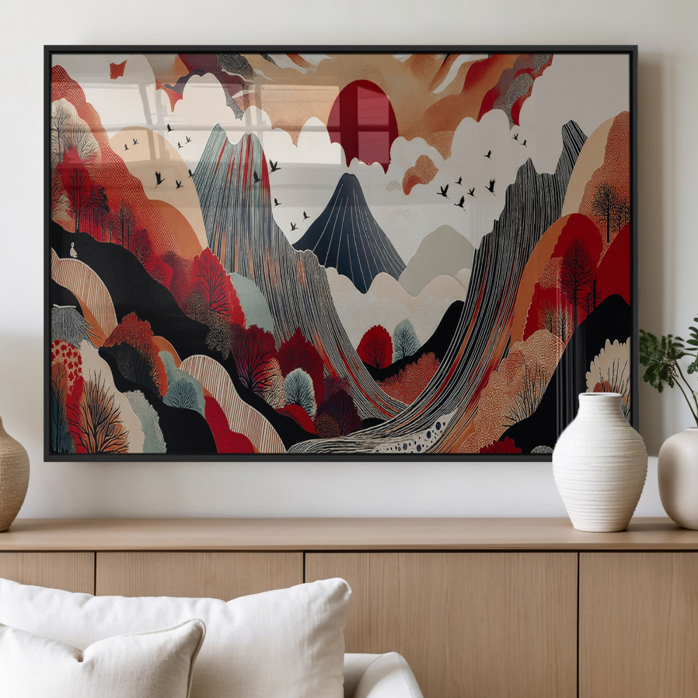 49034575-MGV-FP-36X24-3P_Black-Abstract Mountain Wall Art Canvas Print – Vibrant Stylized Landscape Colorful Peaks Nature Artwork for Home Office