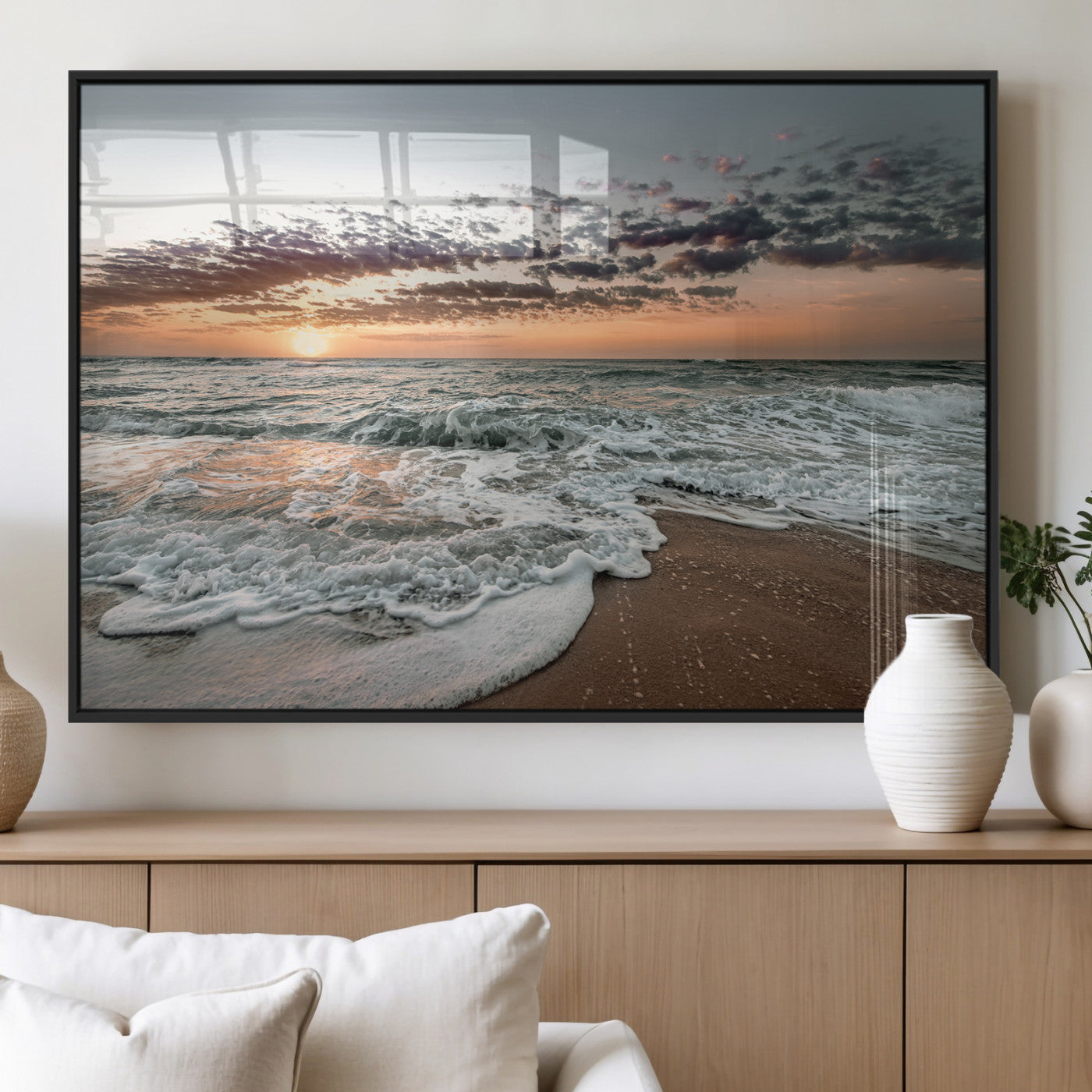 40632752-MGV-FP-36X24-3P_Black-Ocean Sunset Wall Art Canvas Print – Framed Beach Waves Scene with Coastal Artwork for Home, Office, Living Room