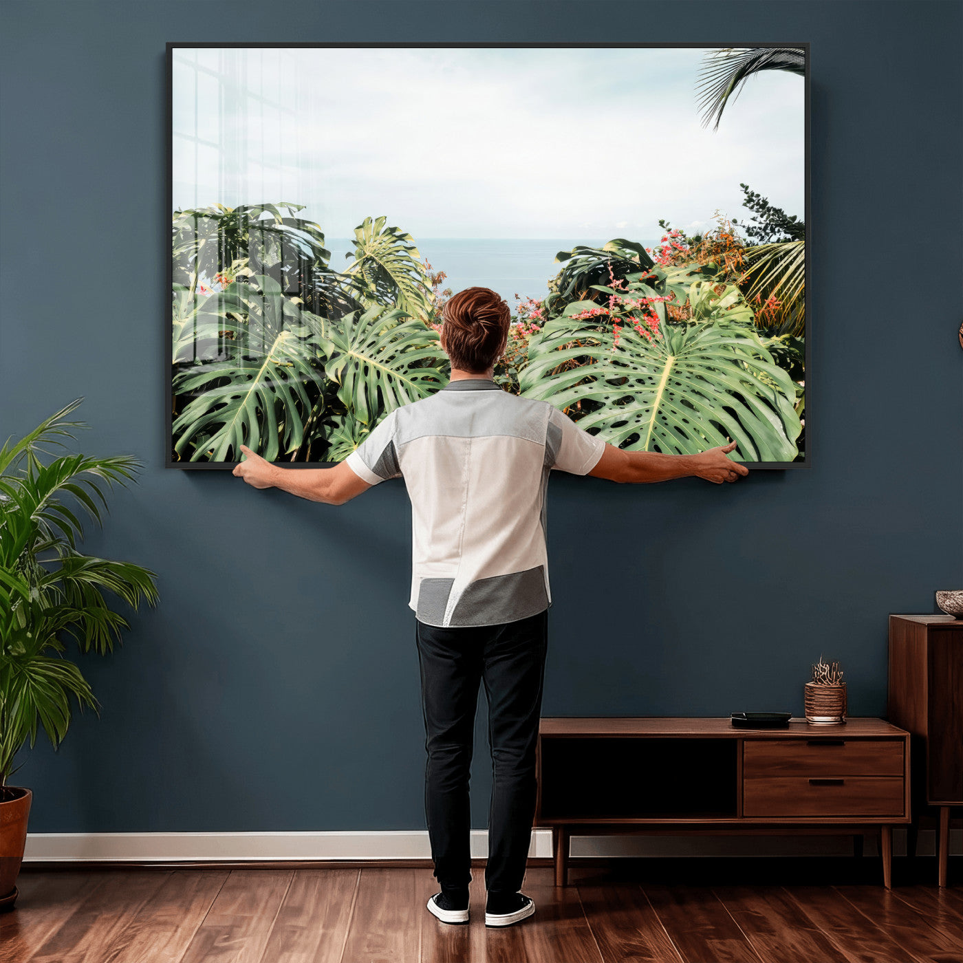45700479-MGV-CV-36X24 - Tropical Greenery Wall Art – Exotic Leaves & Ocean View Canvas Print, Sunlit Paradise and Vibrant Nature for Living Room or Coastal Decor