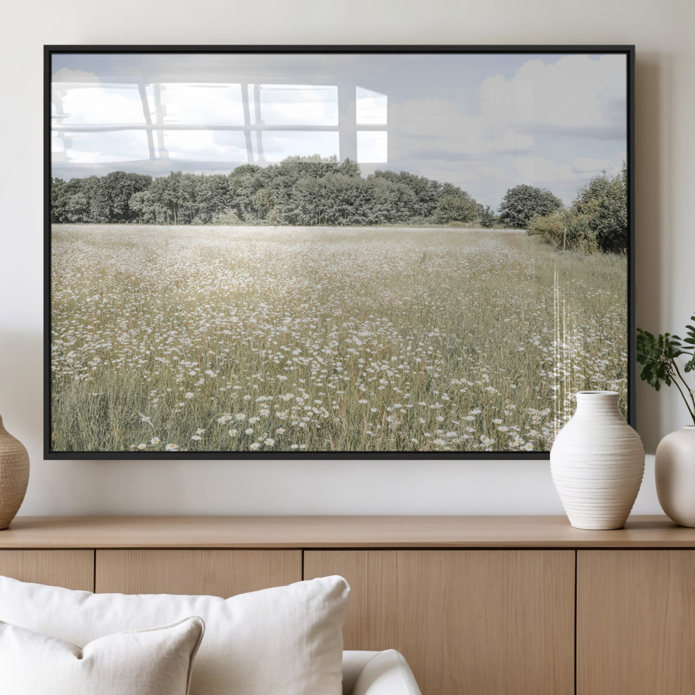 43258946-MGV-FP-36X24-3P_Black-Charming Daisy Field Wall Art Canvas Print – Framed Pastel Flower Meadow Bloom Scandinavian Minimal Artwork for Home Office