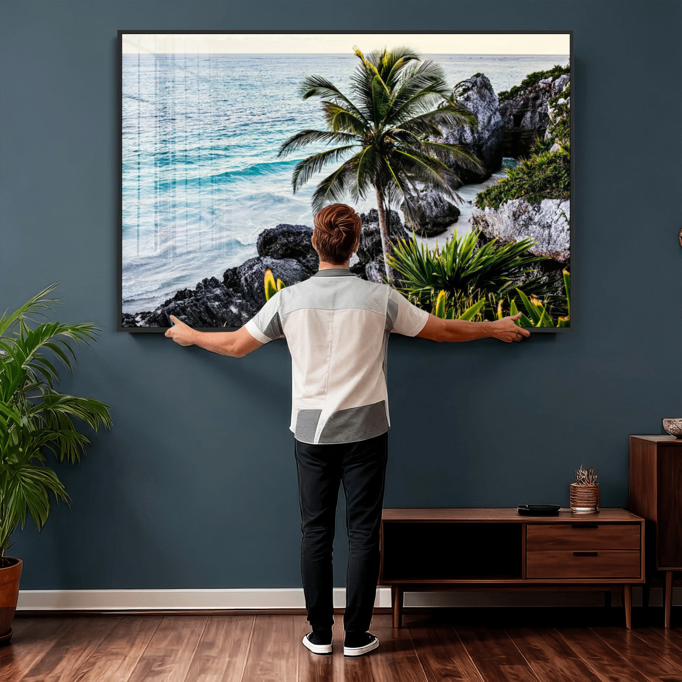 94669907-MGV-CV-36X24 - Tropical Palm Wall Art – Coastal Rocks Canvas Print, Ocean Breeze, Sandy Shore, Vibrant Green Foliage for Living Room or Beach House Decor