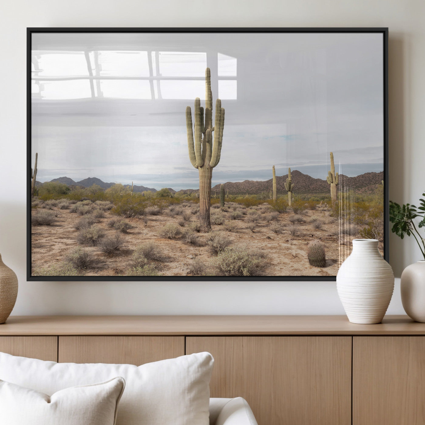 MGV-FP-36X24-3P - Saguaro Cactus Wall Art Canvas Print, Framed Desert Cactus Art Picture Print, Earthy Desert Perfect Southwestern Boho Decor Artwork