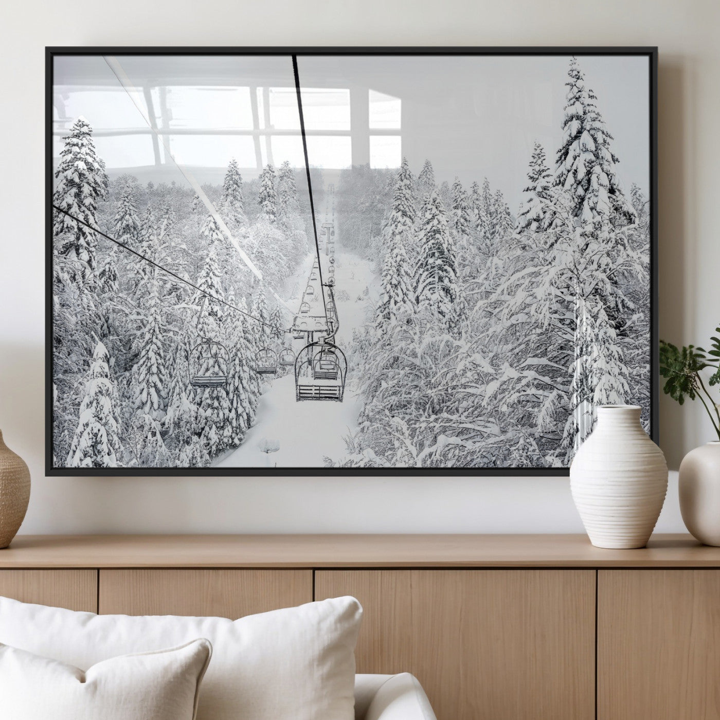 44705668-MGV-FP-36X24-3P_Black-Snowy Ski Lift Wall Art – Framed Winter Mountain Canvas Artwork, Serene Forest Design, Modern Nature Decor for Home, Office