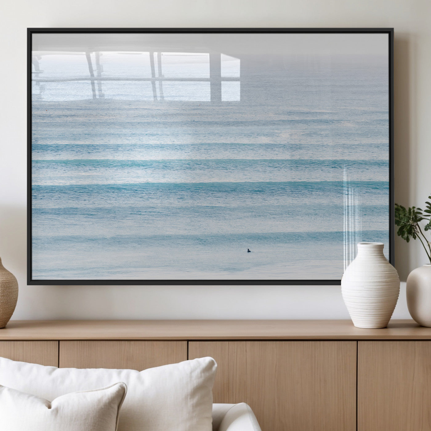77145995-MGV-FP-36X24-3P_Black-Ocean Wave Surfer Wall Art – Framed Minimal Seascape Canvas Artwork, Calm Blue Water Design, Coastal Decor for Home, Office
