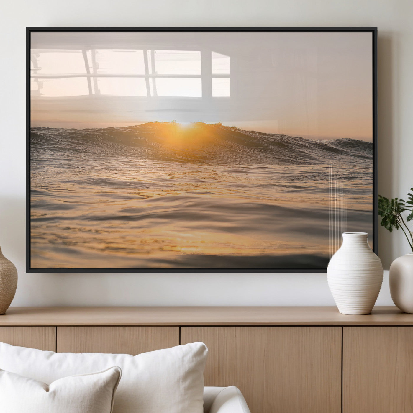 16973771-MGV-FP-36X24-3P_Black-Calm Water Wall Art – Framed Sunset Waves Canvas Artwork, Coastal Warm Design, Minimal Ocean Decor for Home, Office