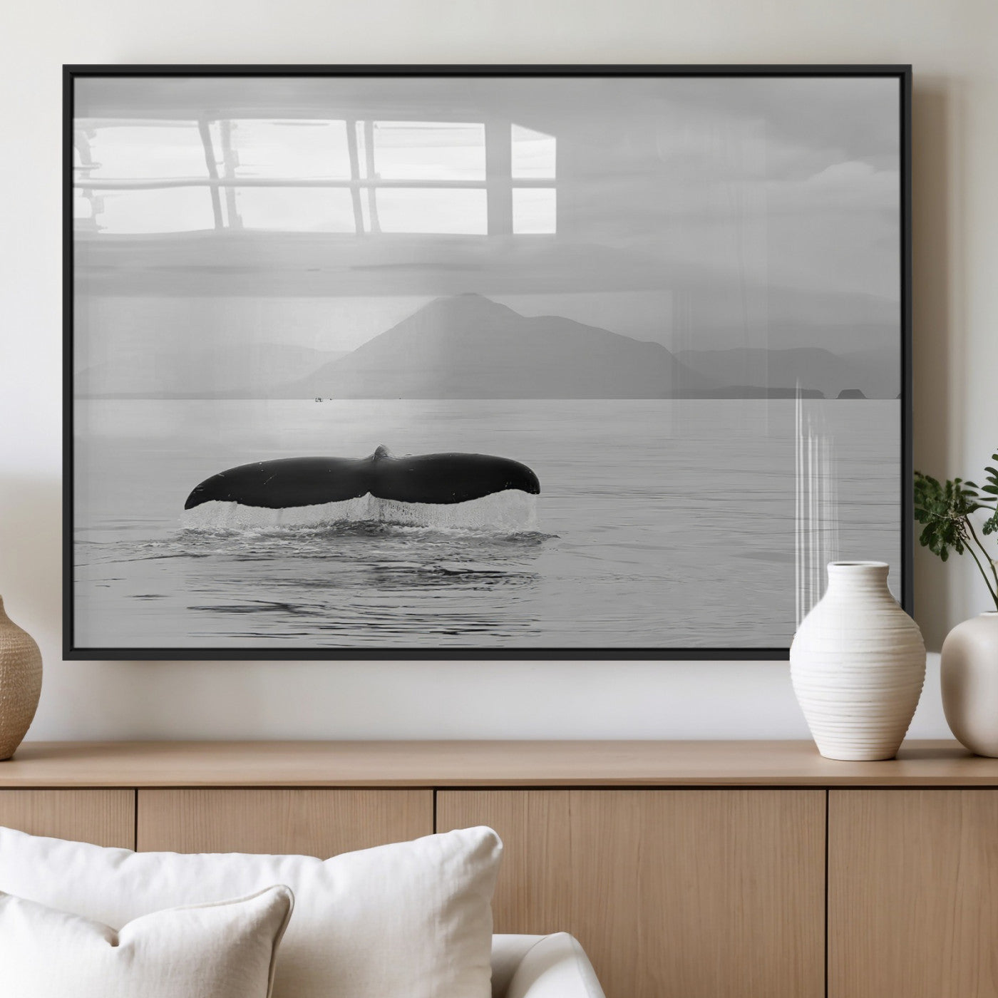 MGV-FP-36X24-3P - Whale Tail Wall Art Canvas Print, Framed Black White Ocean Art Picture Print, Calm Marine Perfect Minimalist Coastal Decor Artwork
