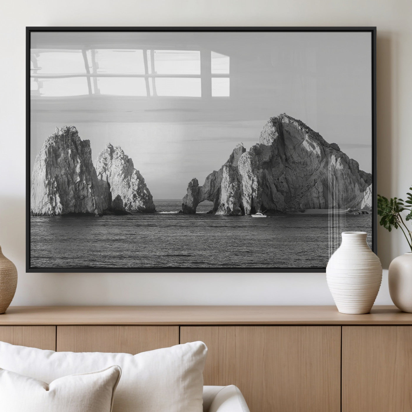 MGV-FP-36X24-3P - Rugged Coastline Wall Art Canvas Print, Framed Ocean Cliffs Art Picture Print, Monochrome Seascape Perfect Coastal Minimalist Decor Artwork