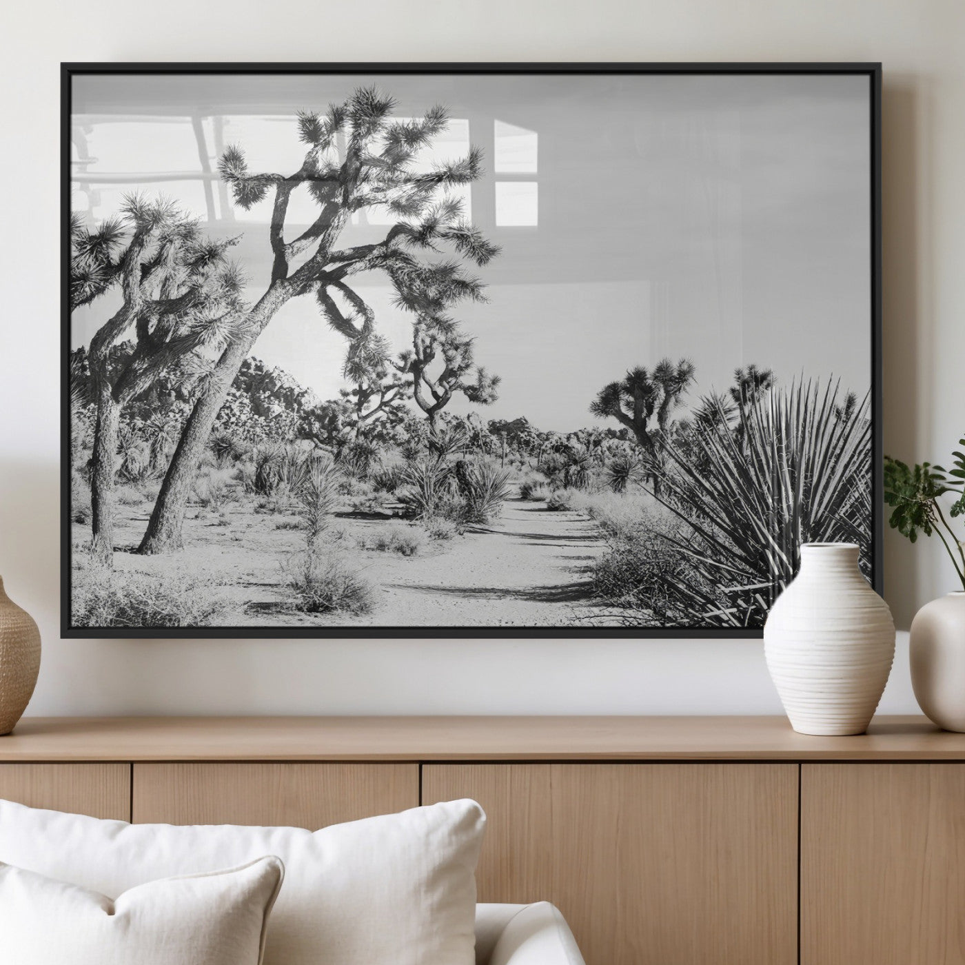 87750525-MGV-CV-36X24-Joshua Tree Wall Art Canvas Print – Framed Desert Path Art Picture Monochrome Desert Artwork for Home Office