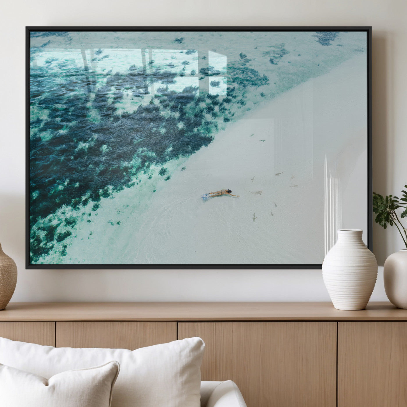 33764764-MGV-FP-36X24-3P_Black-Minimal Beach Wall Art – Framed Ocean Swimming Canvas Artwork, Clear Blue Sea Design, Modern Coastal Decor for Home, Office