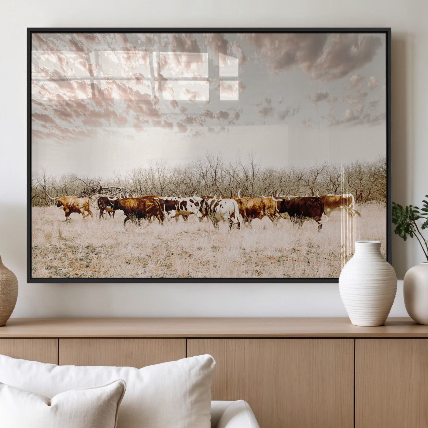 64892775-MGV-FP-60X30-3P_Black-Longhorn Cattle Wall Art Canvas Print – Framed Texas Ranch Scene with Western Cow Artwork for Home, Office