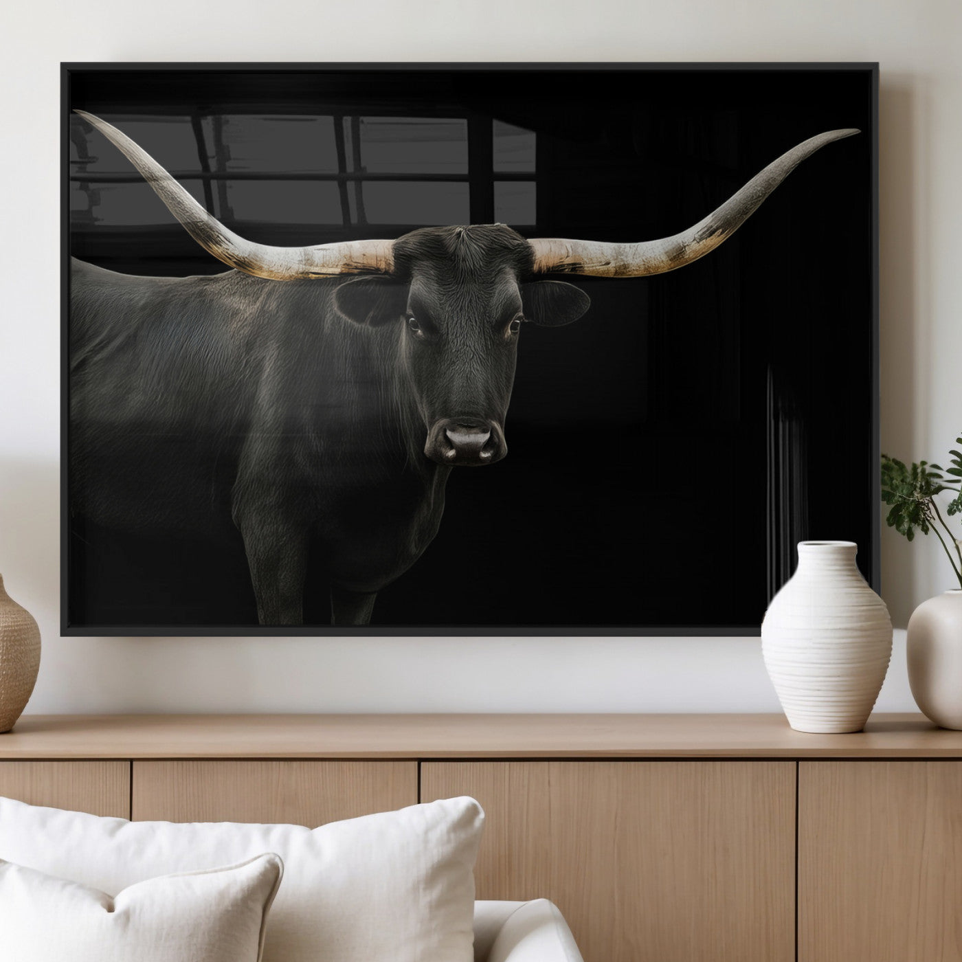 99448328-MGV-CV-36X24 - Longhorn Cattle Wall Art Canvas Print, Framed Texas Black Bull Art Picture Print, Western Cow Perfect Farmhouse Decor Artwork