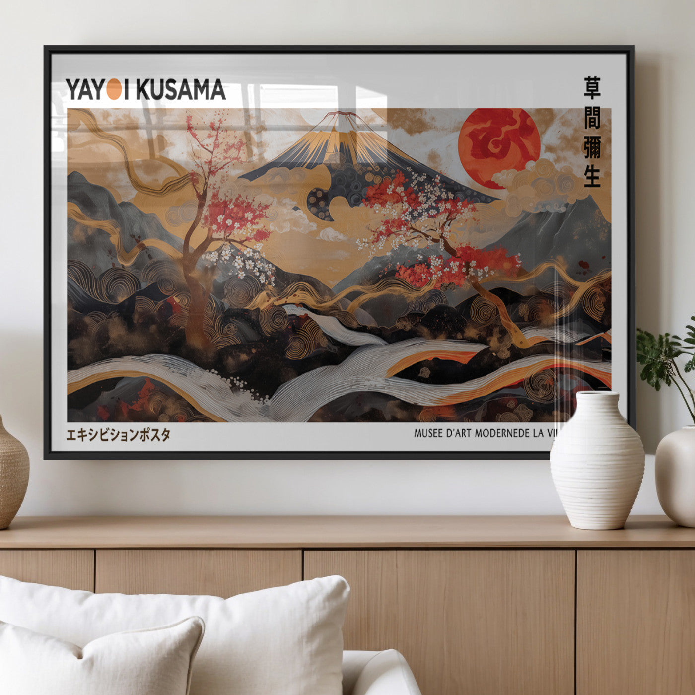 40959107-MGV-FP-36X24-3P_Black-Modern Japanese Wall Art Canvas Print – Framed Abstract Mount Fuji Scene Inspired Yayoi Kusama for Home, Office