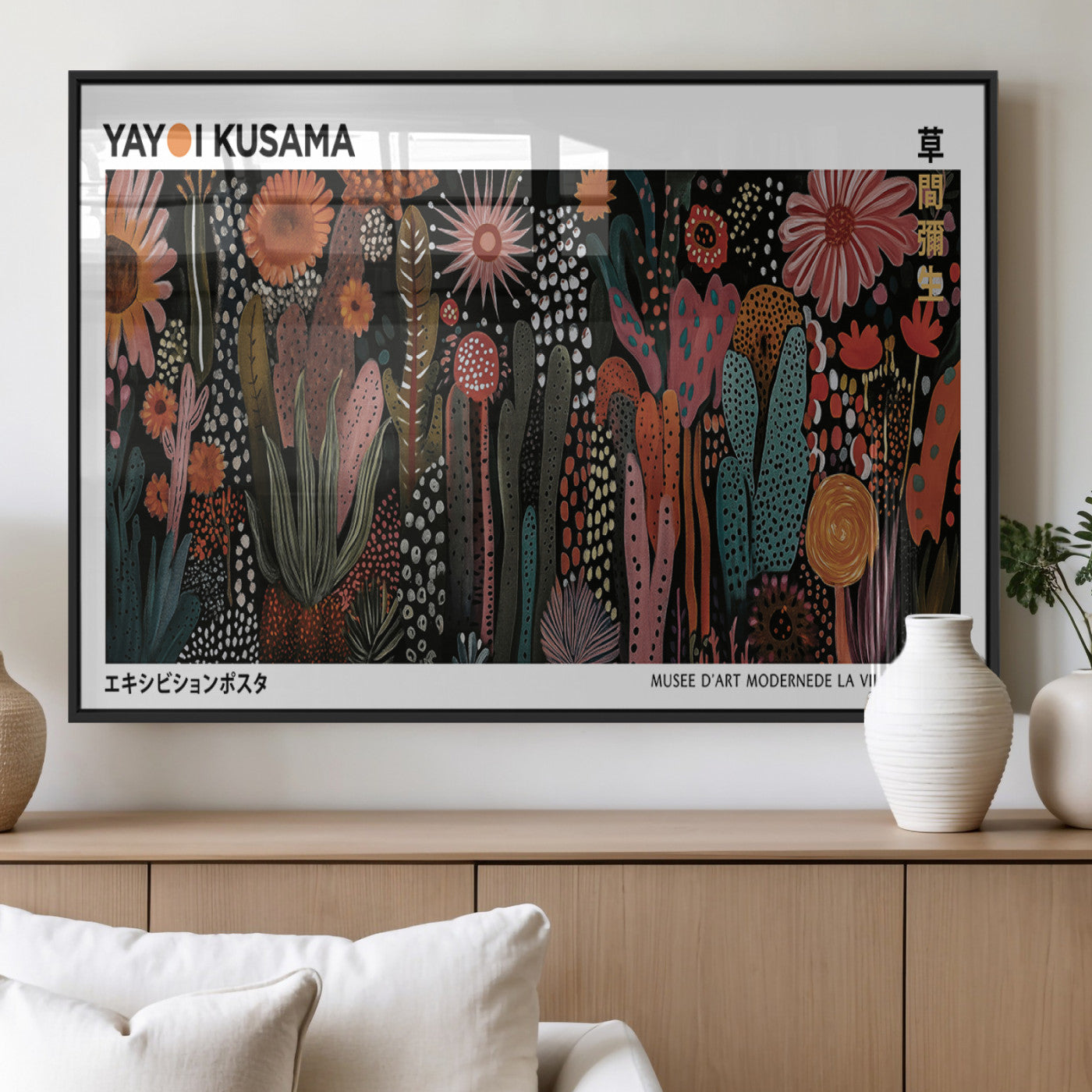70632622-MGV-FP-36X24-3P_Black-Modern Japanese Wall Art Canvas Print – Framed Abstract Mount Fuji Scene with Yayoi Kusama Artwork for Home, Office