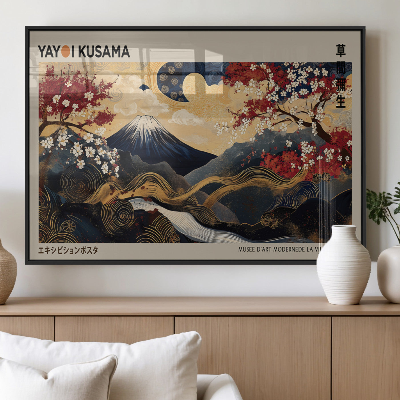 54967195-MGV-FP-36X24-3P_Black-Modern Japanese Wall Art Canvas Print – Framed Abstract Mount Fuji Scene with Yayoi Kusama Japanese Artwork for Home, Office