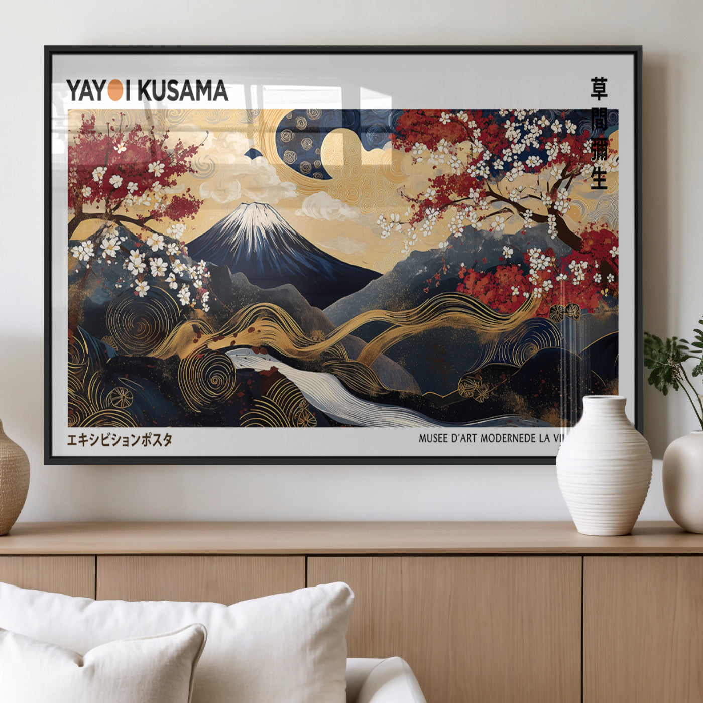 66243961-MGV-FP-36X24-3P_Black-Modern Mount Fuji Wall Art Canvas Print – Framed Abstract Mount Fuji Scene with Yayoi Kusama Artwork for Home, Office