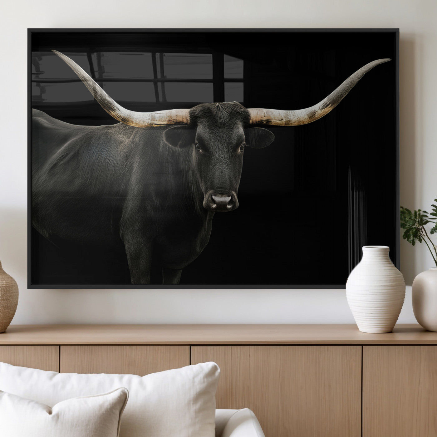 23572907-MGV-FP-36X24-3P_Black-Texas Longhorn Wall Art Canvas Print, Framed Rustic Western Art Picture Print, Farmhouse Animal Perfect Modern Western Minimalist Decor Artwork