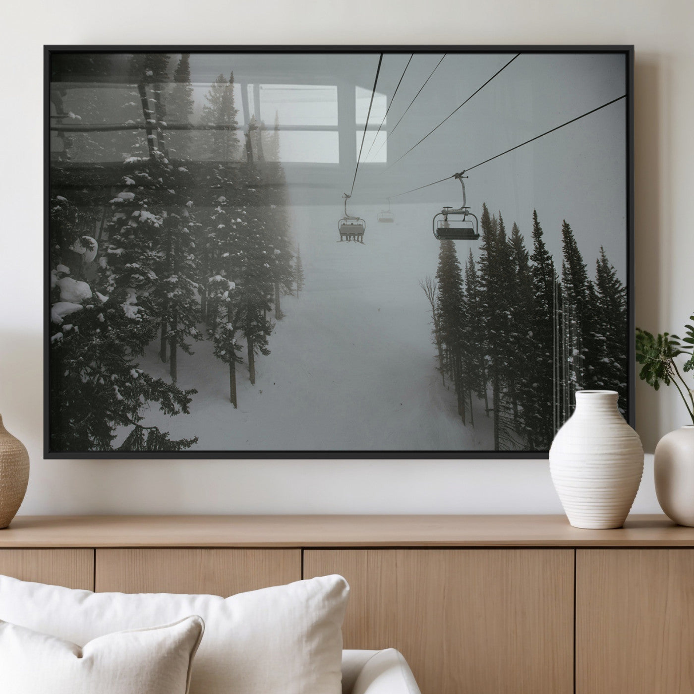 87018452-MGV-FP-36X24-3P_Black-Ski Lift Wall Art Canvas Print – Snowy Pines Misty Landscape Winter Serenity Artwork for Home, Office Decor