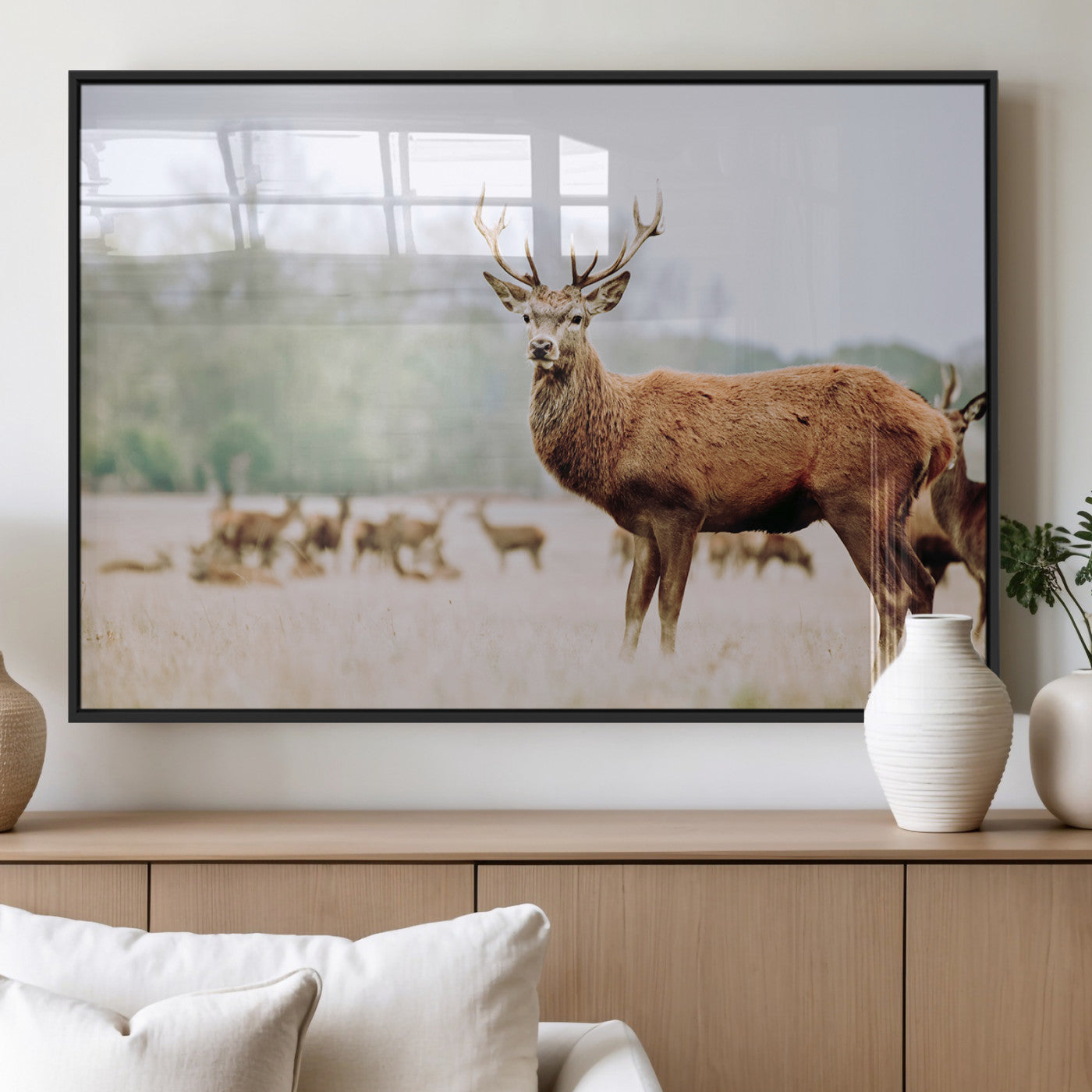 53240224-MGV-FP-36X24-3P_Black-Rustic Deer Wall Art Canvas Print – Forest Woodland Stag Nordic Animal Scenic Nature Artwork for Home, Cabin