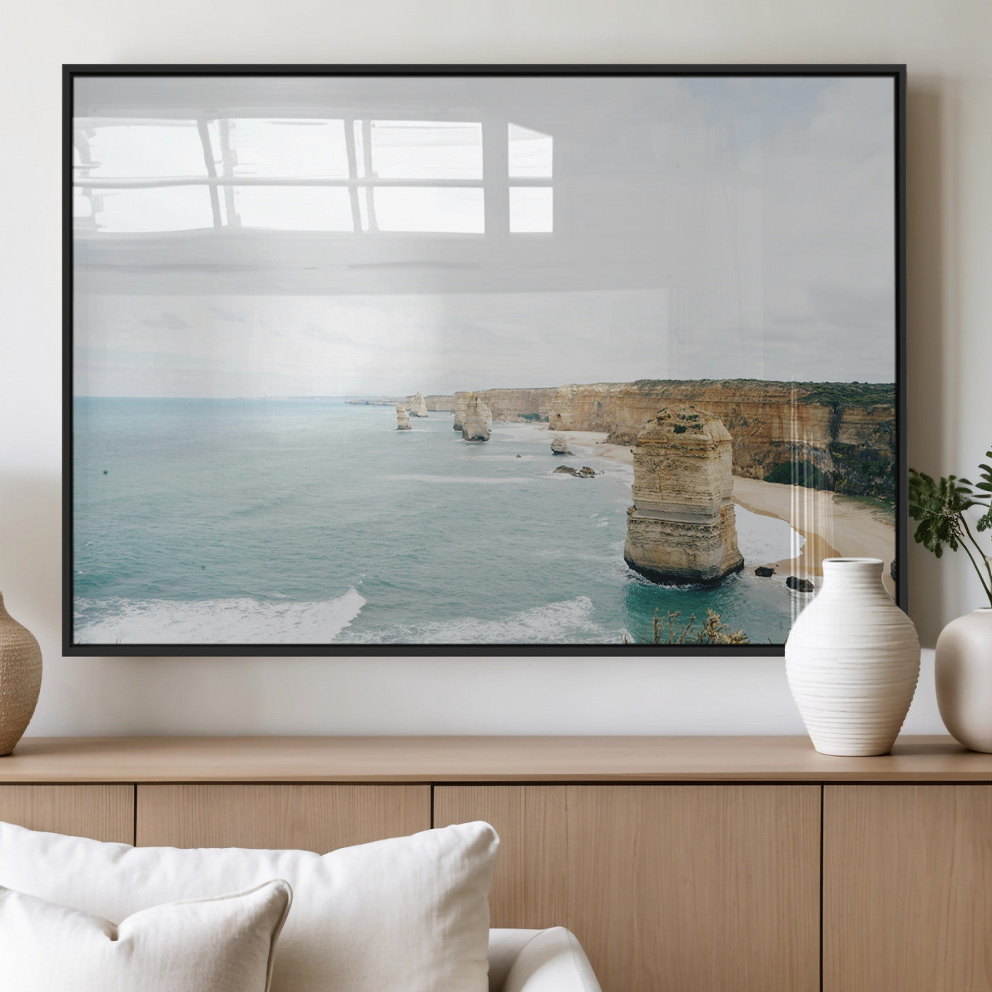 70095633-MGV-FP-36X24-3P_Black-Twelve Apostles Wall Art Canvas Print – Framed Coastal Cliffs Rugged Rock Formations Artwork for Home Office