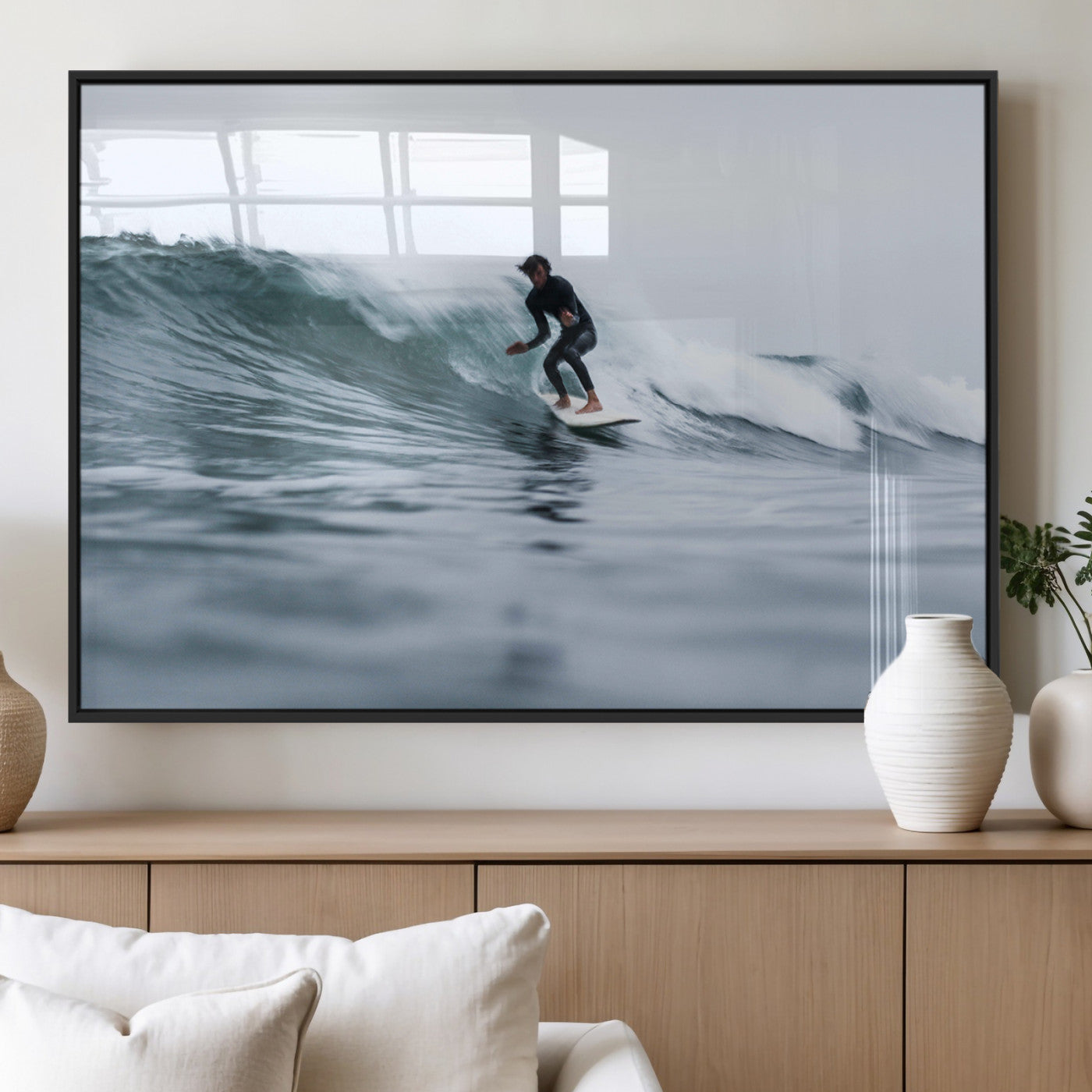 11693607-MGV-FP-36X24-3P_Black-Surfer on Wave Wall Art Canvas Print – Framed Ocean Adventure Motion Blur Water Coastal Action Artwork for Home, Office