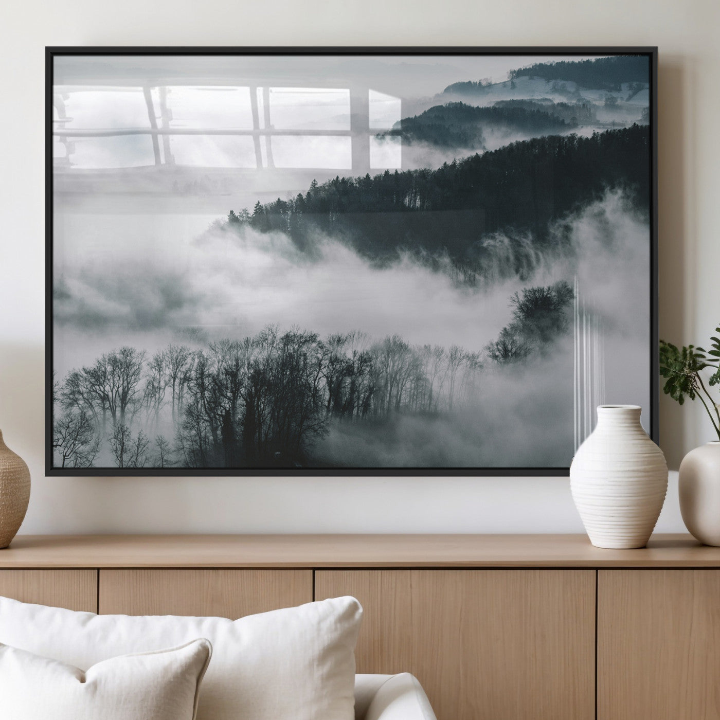 67569654-MGV-FP-36X24-3P_Black-Foggy Forest Landscape Wall Art Canvas Print – Misty Mountain Valley Scene Monochrome Tones Nature Artwork for Home Office