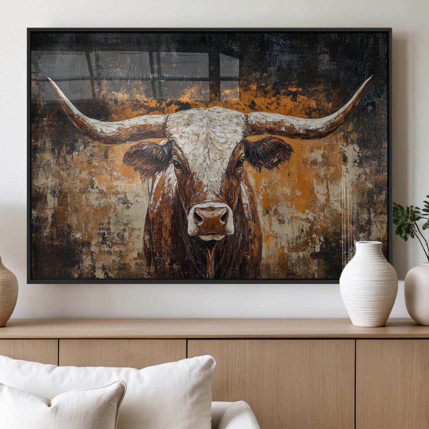 25265572-MGV-FP-36X24-3P_Black-Rustic Longhorn Bull Wall Art Canvas Print – Vintage Western Cattle Scene, Texas Steer Artwork for Home, Office