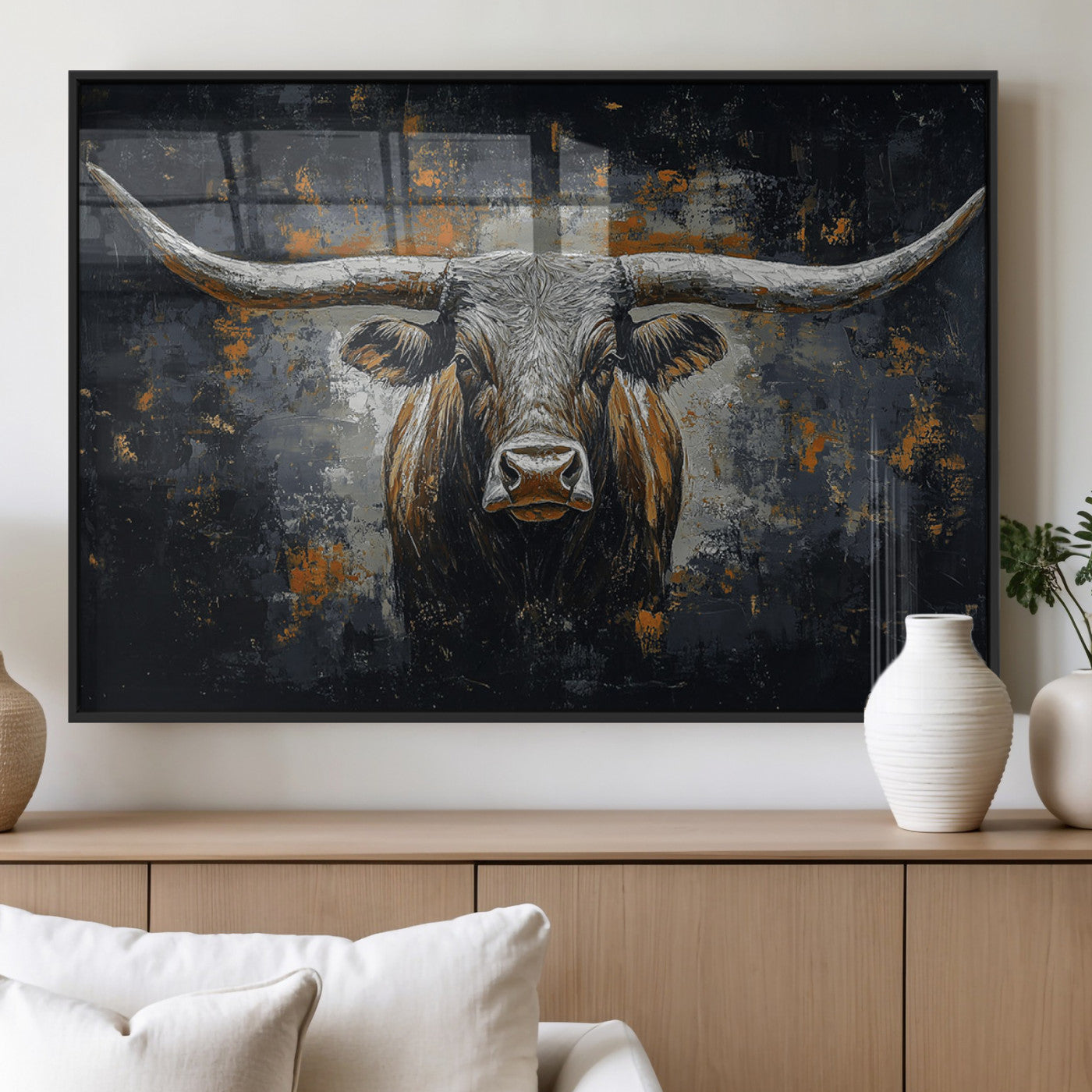 93195031-MGV-FP-36X24-3P_Black-Rustic Longhorn Bull Wall Art Canvas Print – Vintage Western Cattle Scene, Texas Steer Artwork for Home, Office