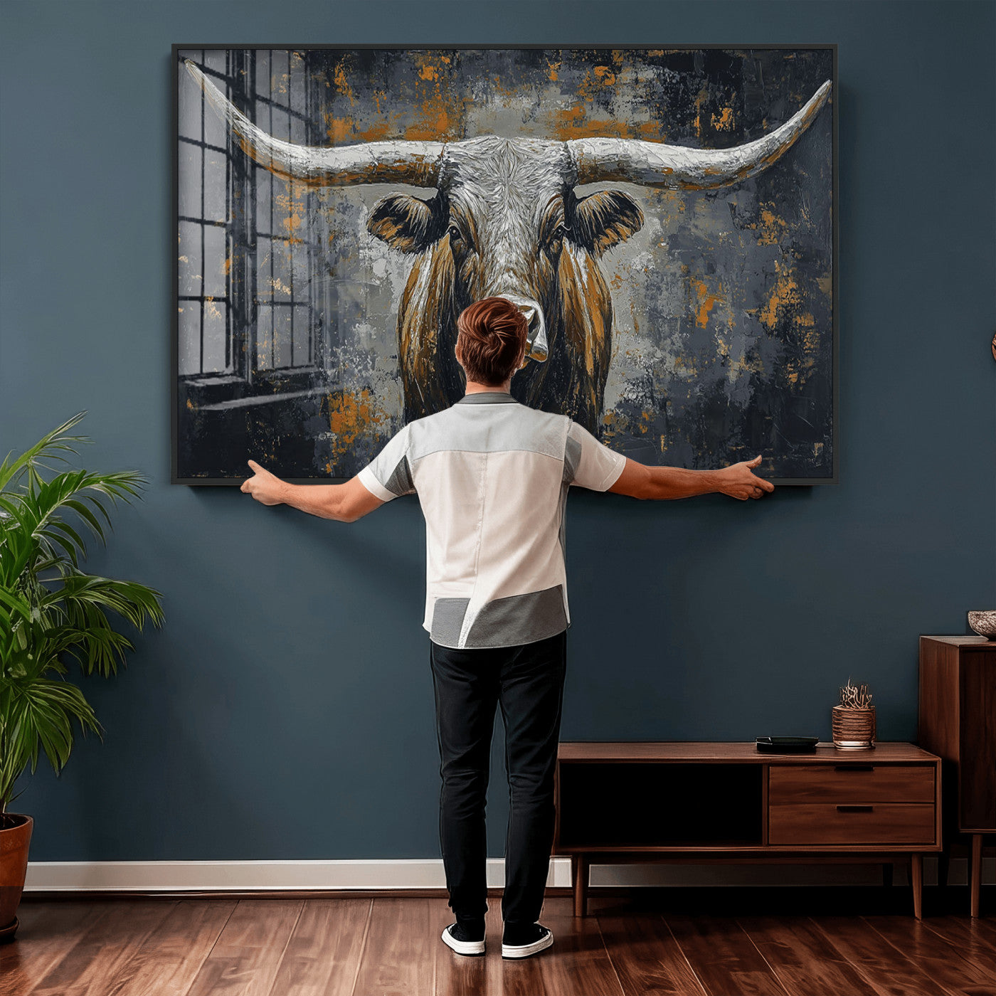 73972561-MGV-CV-36X24 - Bold Bull Wall Art Canvas – Striking Portrait with Wide Horns and Rich Brown Hues, Rustic Farmhouse and Western Decor for Home Room