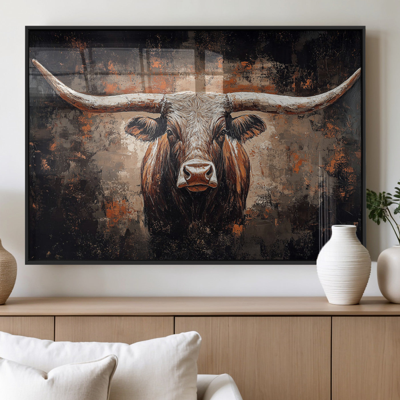 24779067-MGV-FP-36X24-3P_Black-Rustic Longhorn Bull Wall Art Canvas Print – Vintage Western Cattle Scene, Texas Steer Artwork for Home, Office