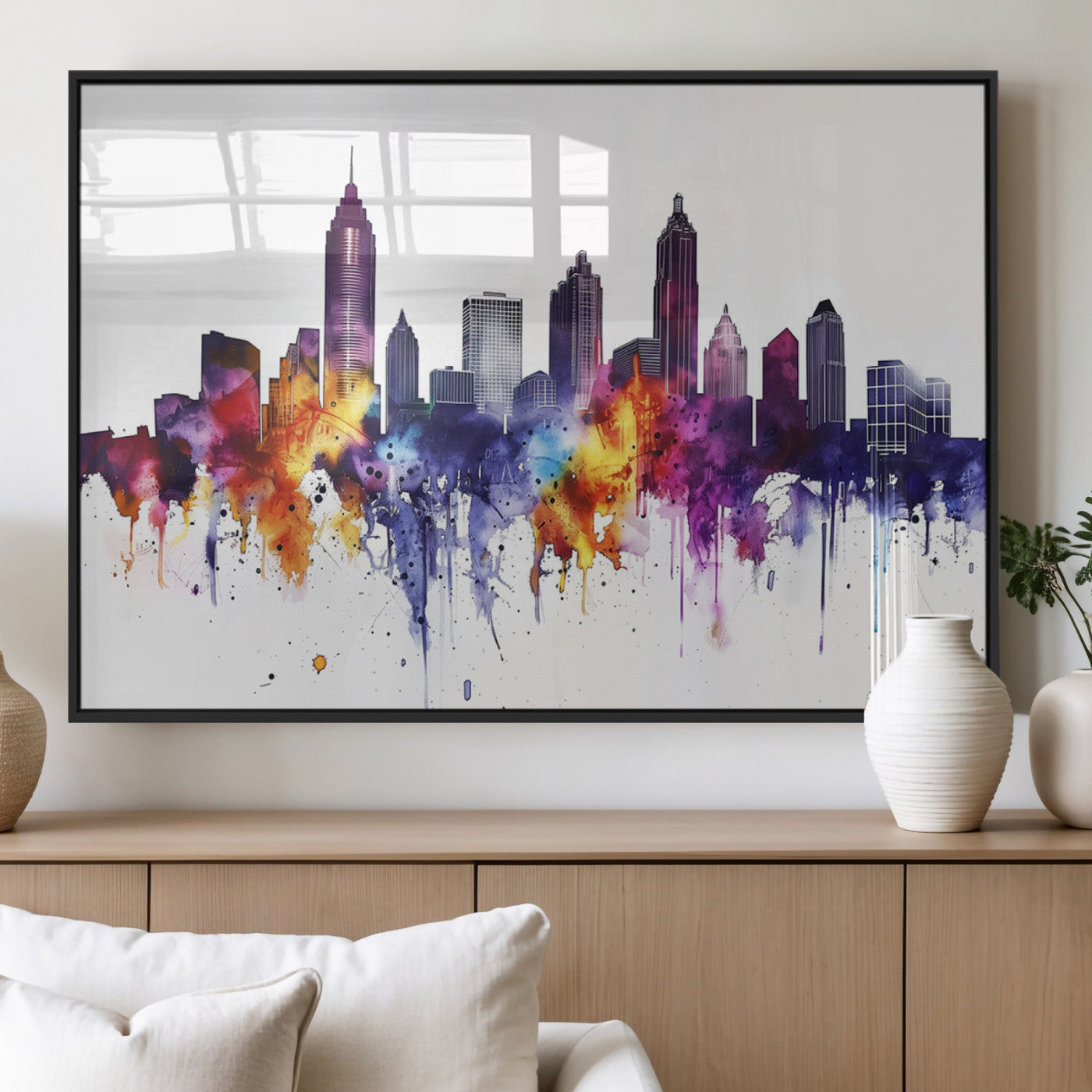 34479880-MGV-FP-36X24-3P_Black-Atlanta Skyline Wall Art Canvas Print – Framed Colorful Watercolor Cityscape Artwork for Home, Office, Living Room