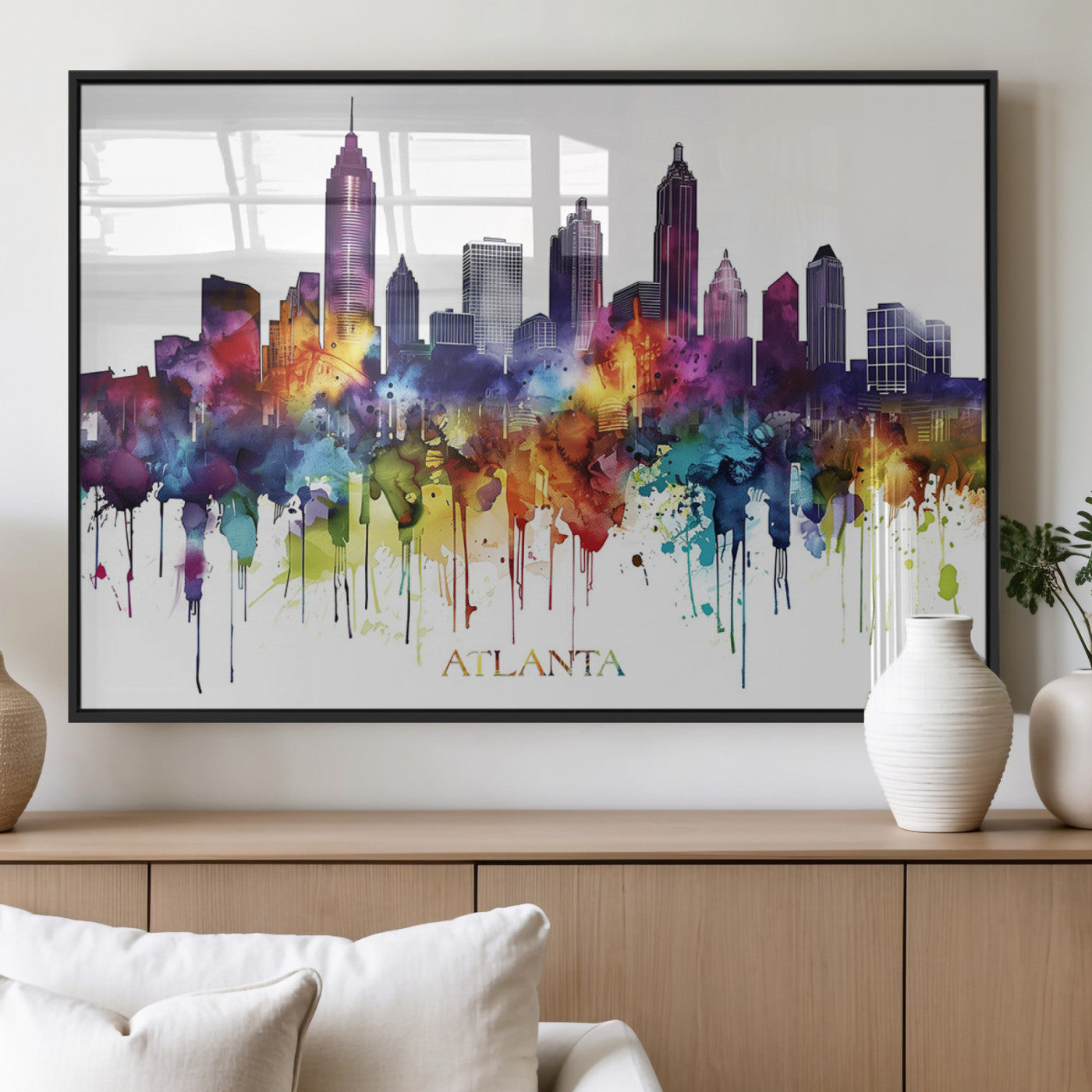36048320-MGV-FP-36X24-3P_Black-Atlanta Skyline Wall Art Canvas Print – Framed Colorful Watercolor Cityscape Abstract Urban Artwork for Home, Office