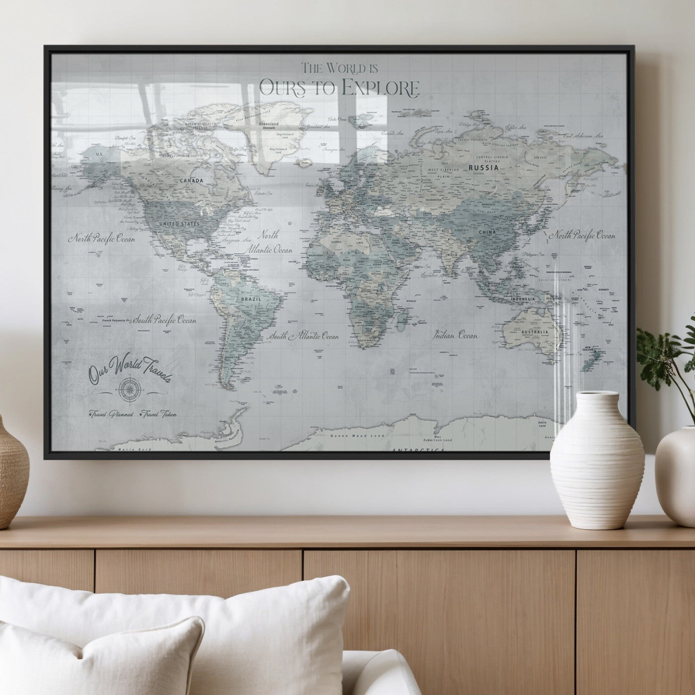 Rehber01-MGV-CV-36X24-Personalized Push Pin World Map Canvas Print – Custom Framed Travel Tracker Wall Art Large Map Artwork for Home, Office