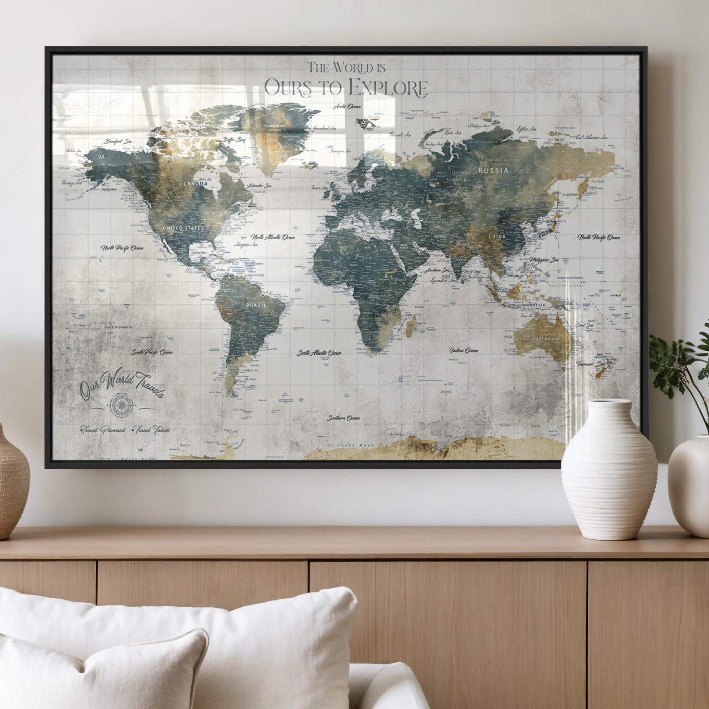 14988581-MGV-FP-36X24 - Custom Push Pin World Map Wall Canvas Print – Personalized Travel Tracker with Pins – Framed Custom Quotie Canvas for Home Office Decor