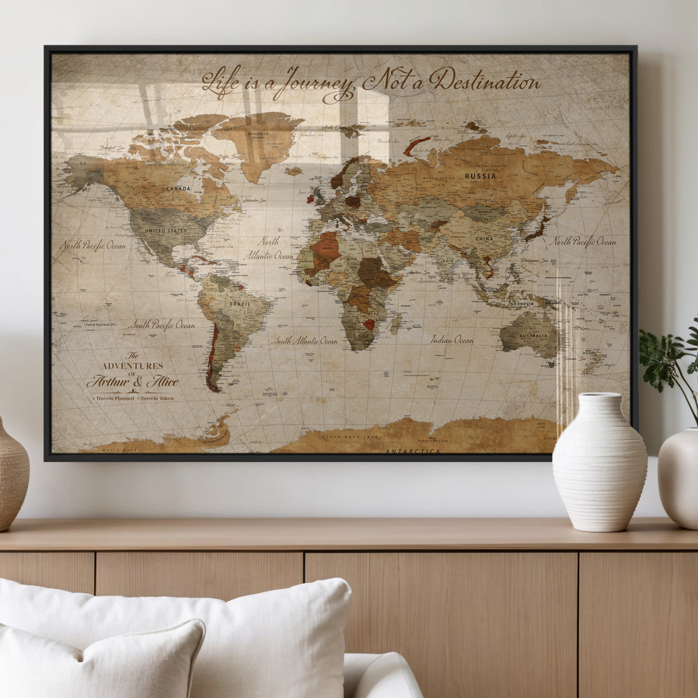 79036691-MGV-FP-36X24-3P_Black-Personalized World Map Canvas Wall Art – Custom Framed Push Pin Travel Tracker Print, Unique Gift for Home or Office Decor