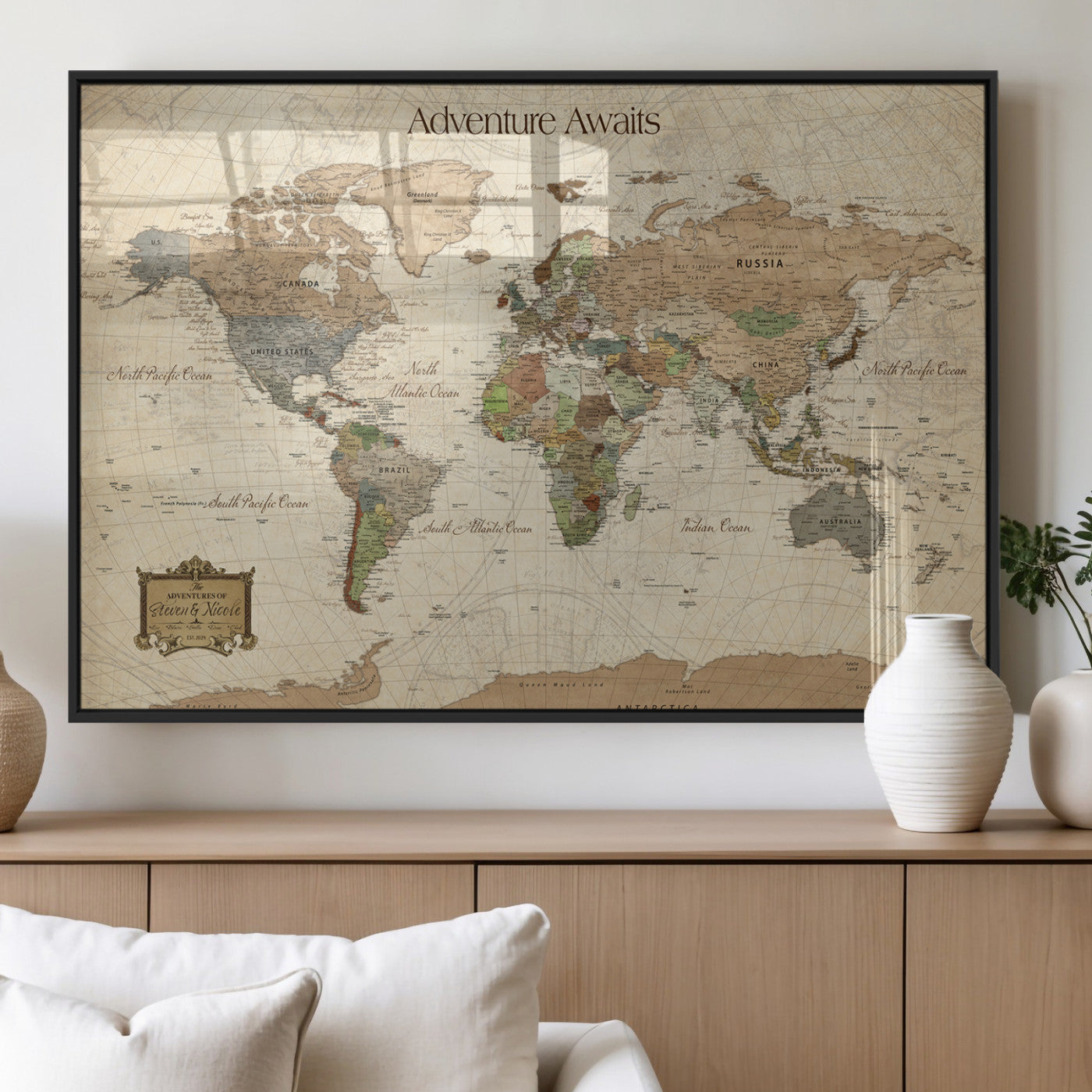 33020399-MGV-FP-36X24-3P_Black-Personalized World Map Canvas Print – Custom Push Pin Travel Tracker Map Anniversary Gift for Couples for Home, Office