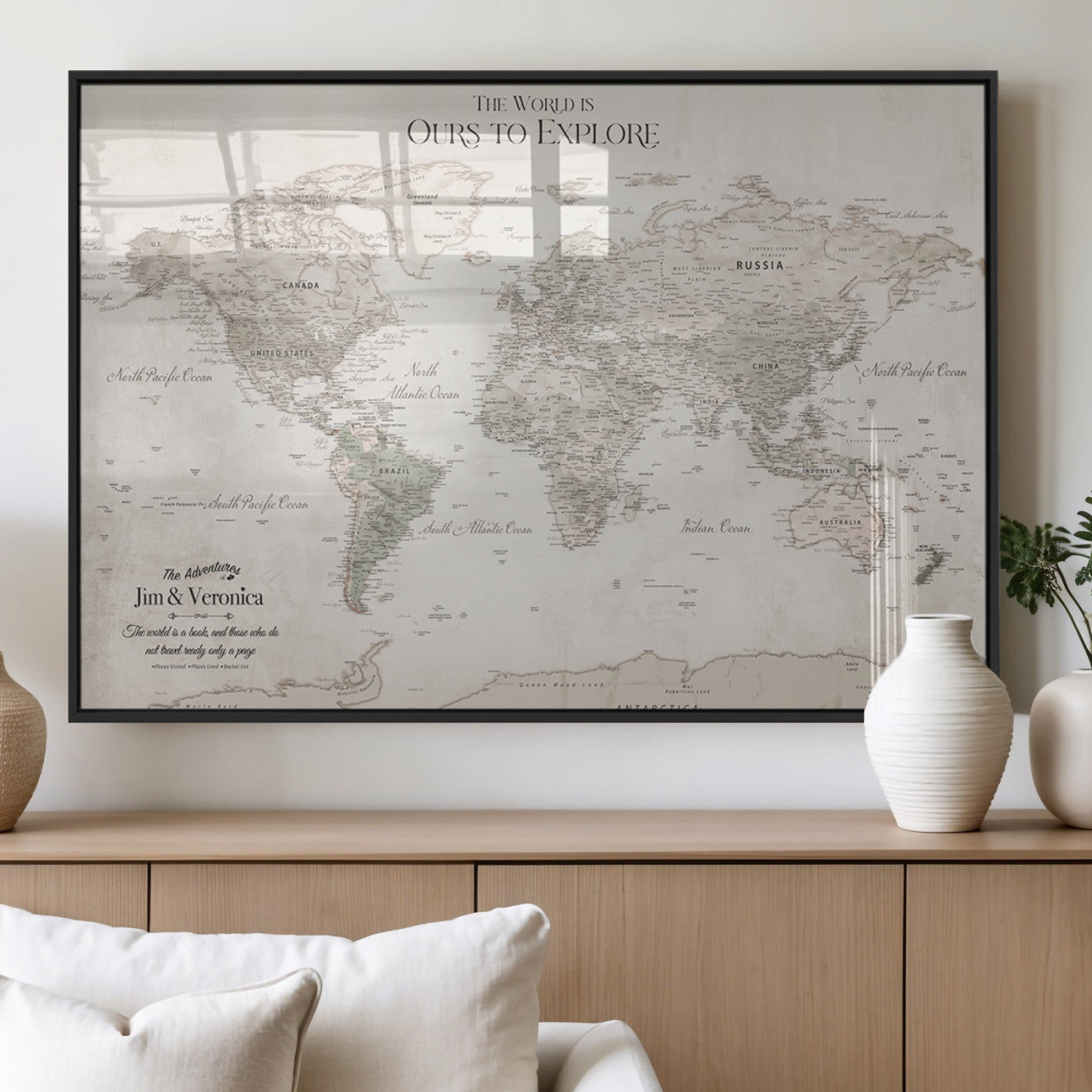-Personalized Push Pin World Map Wall Art Canvas Print – Custom Framed Travel Tracker Gift for Couples or Family for home, office