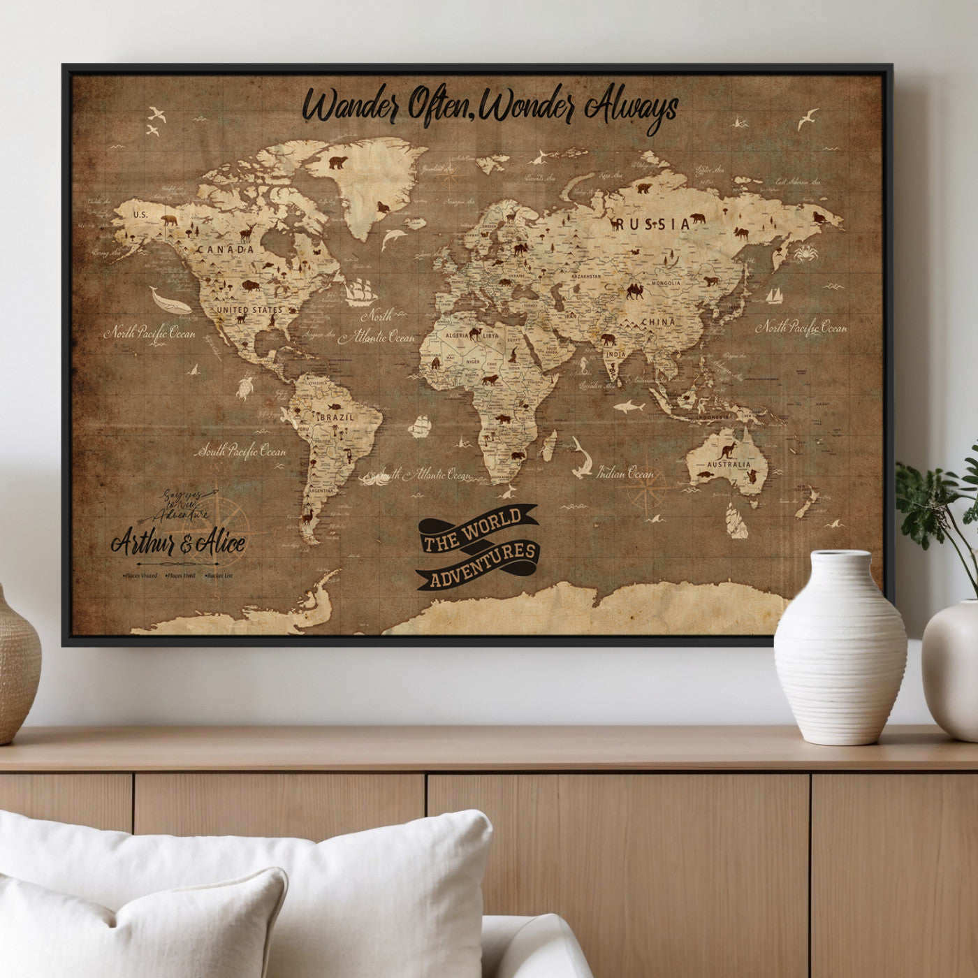 Rehber01-MGV-CV-36X24-Customize Push Pin World Map Wall Art Canvas Print – Personalized Kids Room Framed Map Adventure Travel for home, office