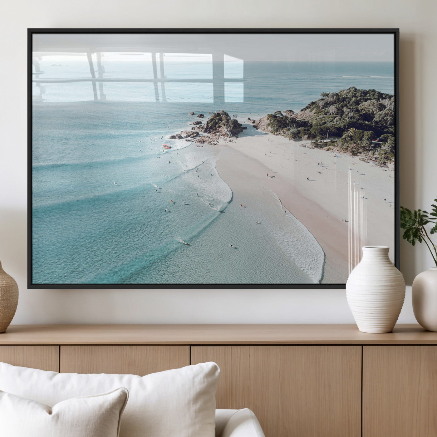 79395467-MGV-CV-36X24 - Aerial Beach Wall Art Canvas Print, Coastal Ocean Waves and Surfers Scenic Seaside Artwork for Home, Office Decor