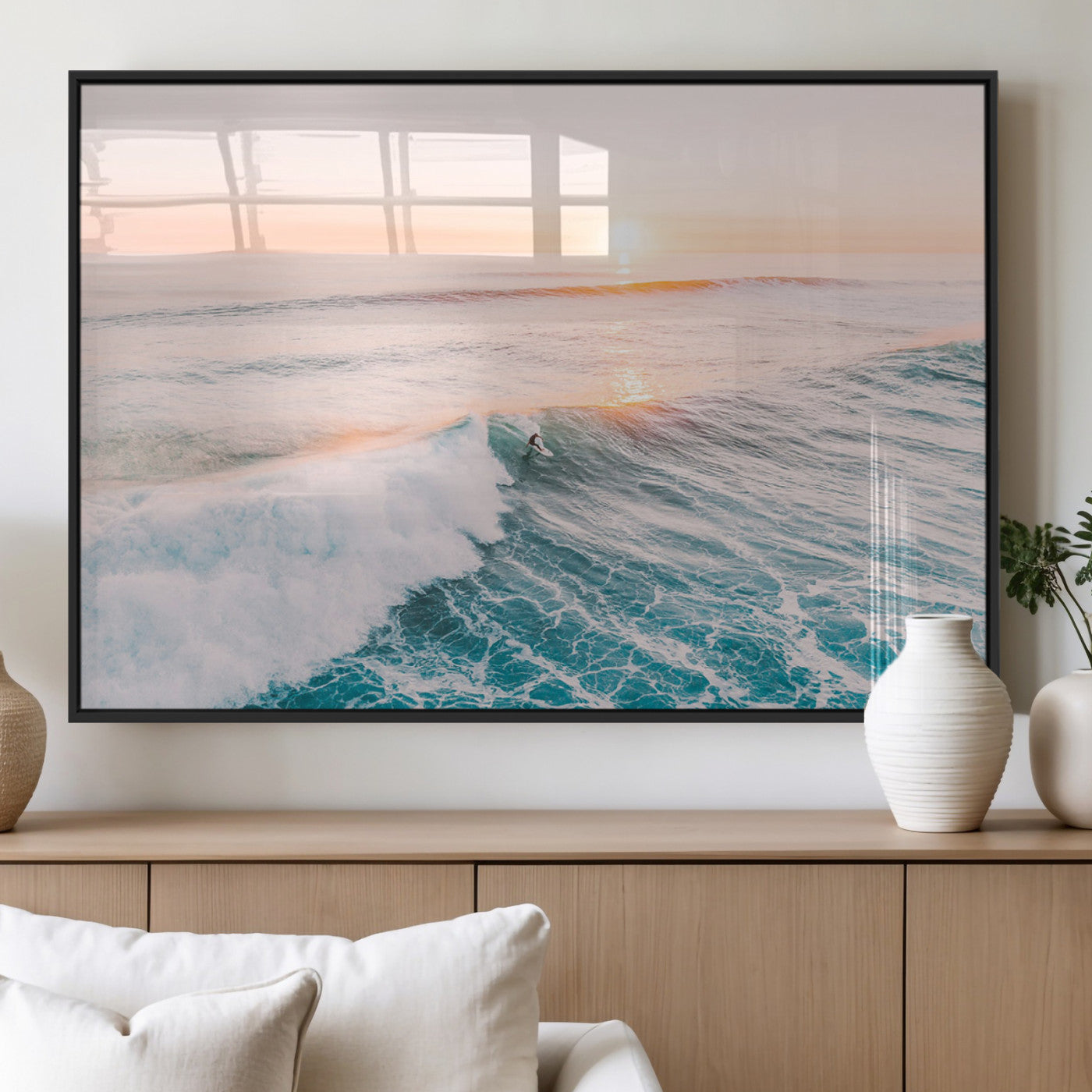 34064591-MGV-CV-36X24 - Sunset Surfing Wall Art Canvas Print, Ocean Wave Surfer with Golden Sky Artwork for Home, Office, Living Room