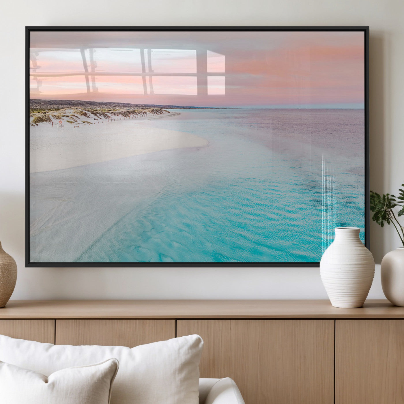 41613614-MGV-CV-60X30-3P_Black-Serene Pastel Beach Canvas Wall Art Print, Tranquil Coastal Sunset Decor, Large Ocean Landscape Canvas for Living Room or Bedroom 1 Panel Wrapped