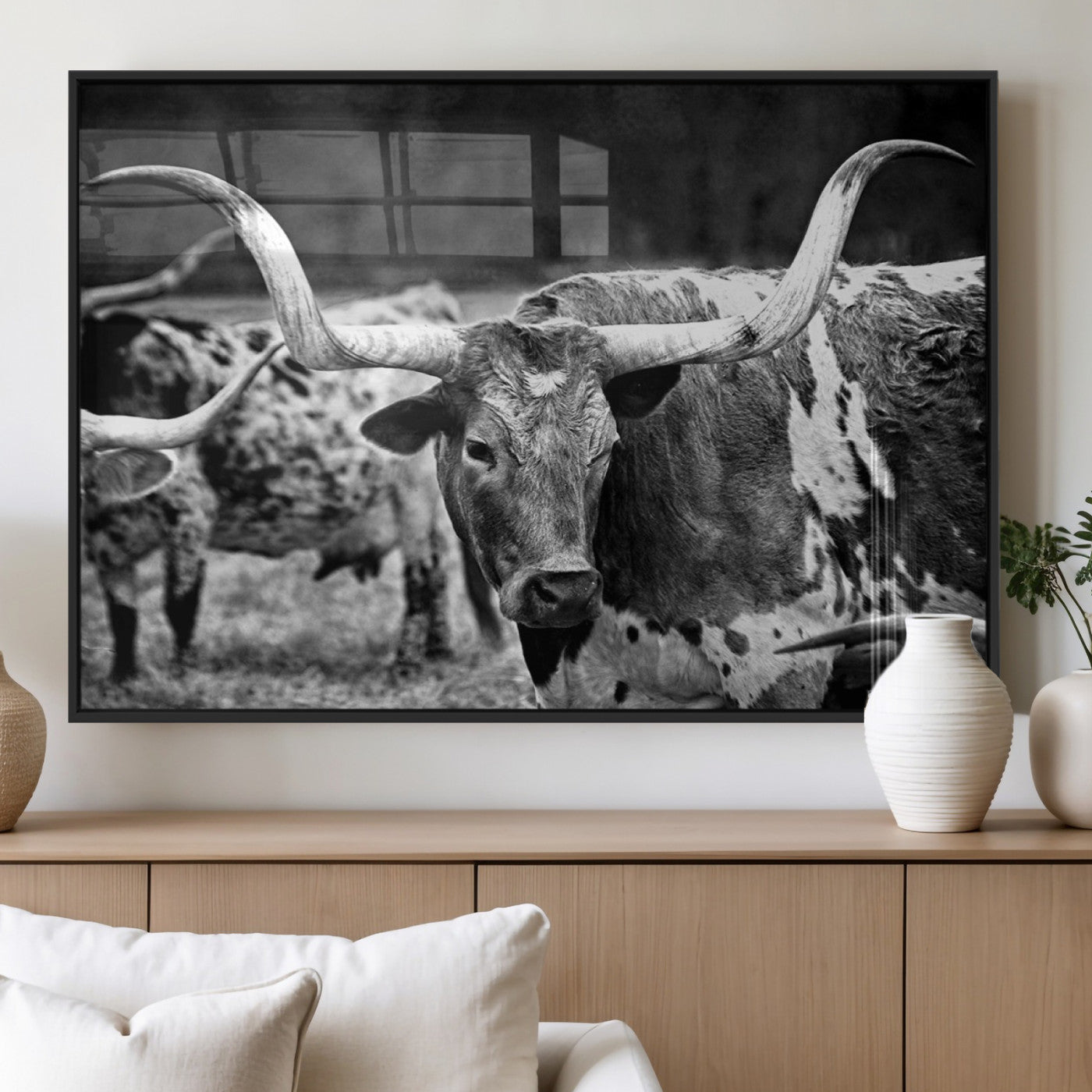 9090763161837-MGV-FP-36X24_Black-Black & White Longhorn Cattle Wall Art Canvas Print, Rustic Farmhouse Western Design Artwork for Home, Office