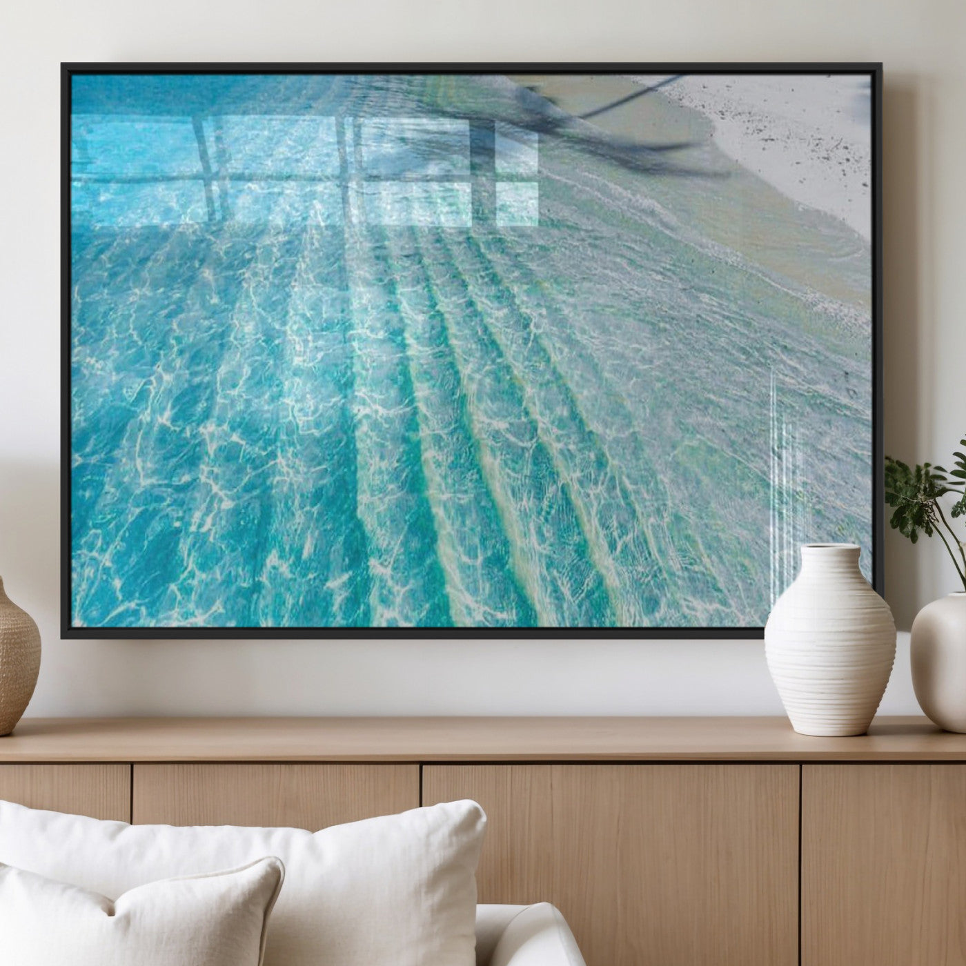 17528159-MGV-FP-36X24-3P_Black-Crystal Clear Ocean Wall Art Canvas Print – Sunlight Reflections and Palm Tree Shadow on Sandy Beach Artwork for Home, Office