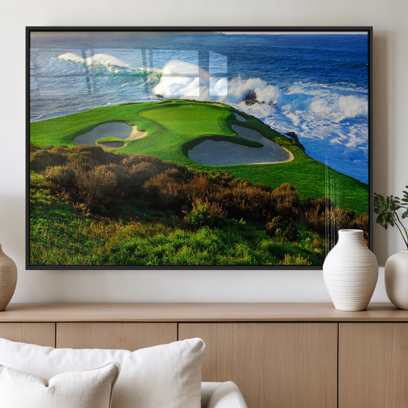 34181847-MGV-FP-36X24-3P_Black-Coastal Golf Course Wall Art Canvas Print – Vibrant Green with Sand Bunkers Overlooking Ocean Waves Artwork for Home, Office