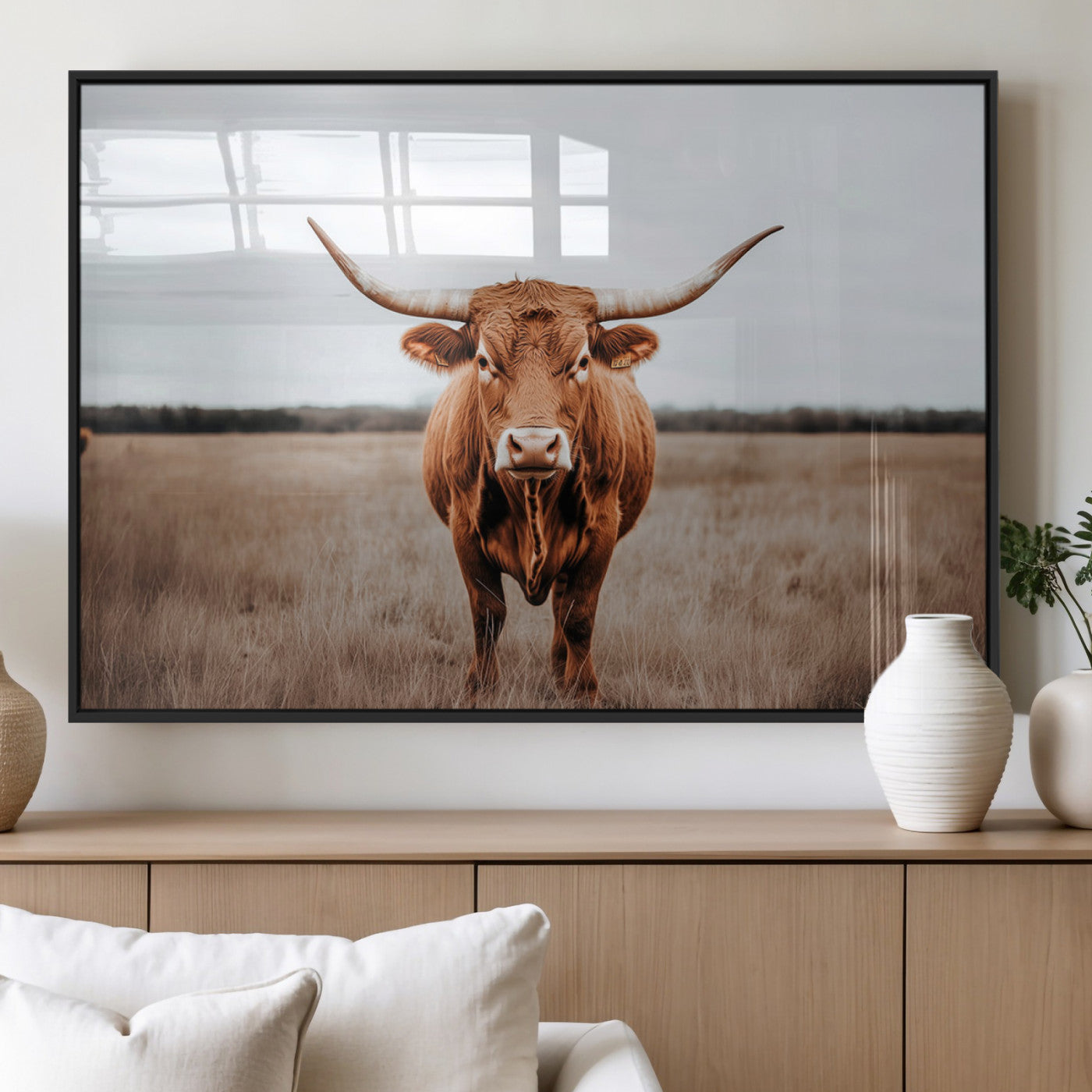 16316734-MGV-FP-36X24 - Longhorn bull, open field, rustic charm, natural beauty, Wall Art Canvas Print, countryside,