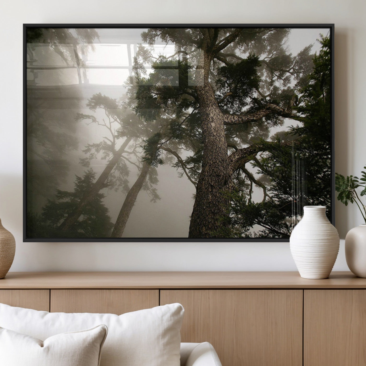 9091678535917-MGV-FP-36X24_Black-Misty Forest Tall Trees Foggy Atmosphere Nature Serenity Calm Wooded Landscape Tranquil Scene